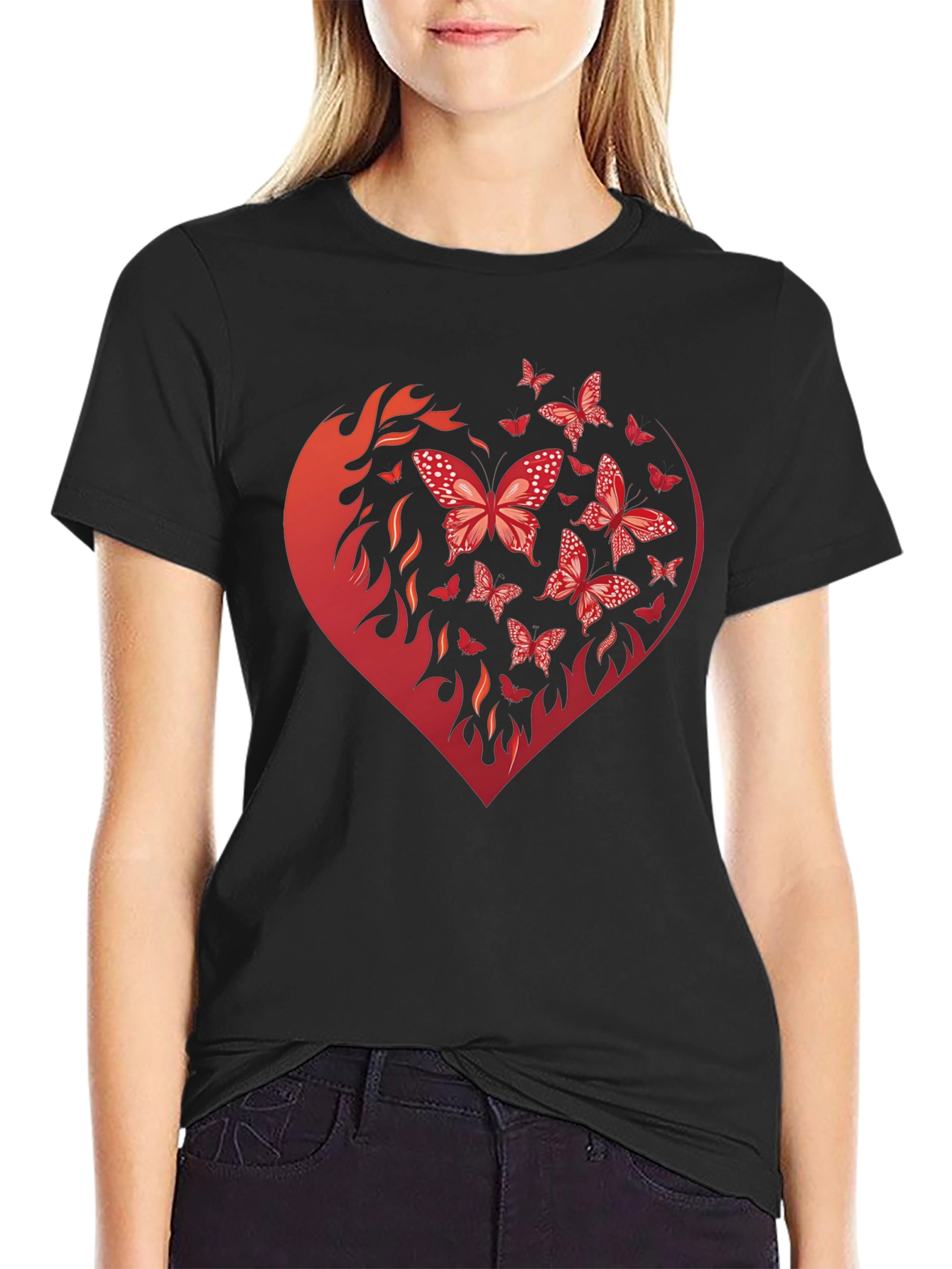 Butterfly Heart Graphic Black T-Shirt