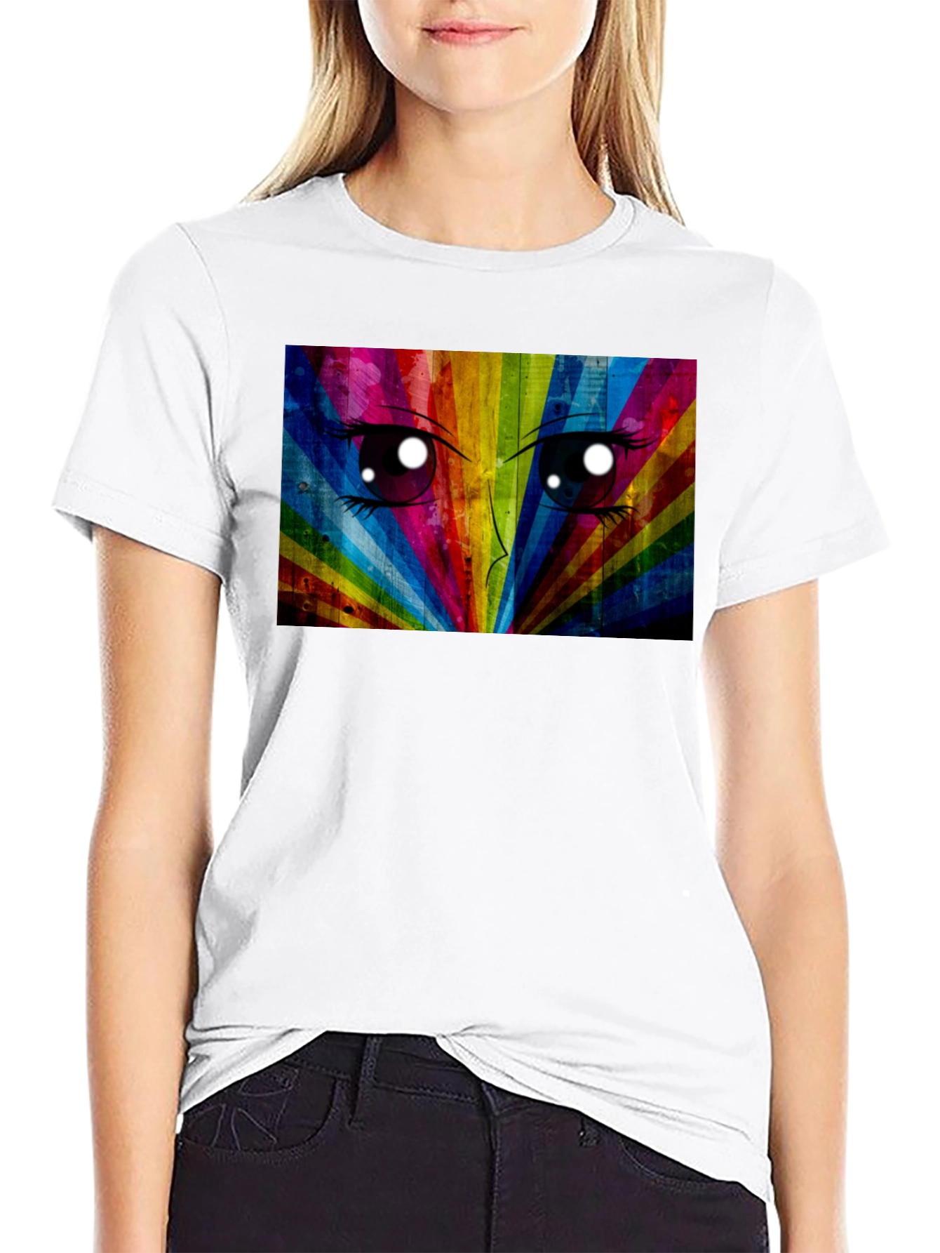 Rainbow Anime Eyes Black T-Shirt