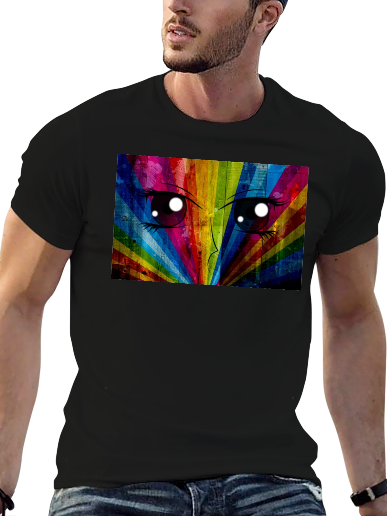 Rainbow Anime Eyes Black T-Shirt
