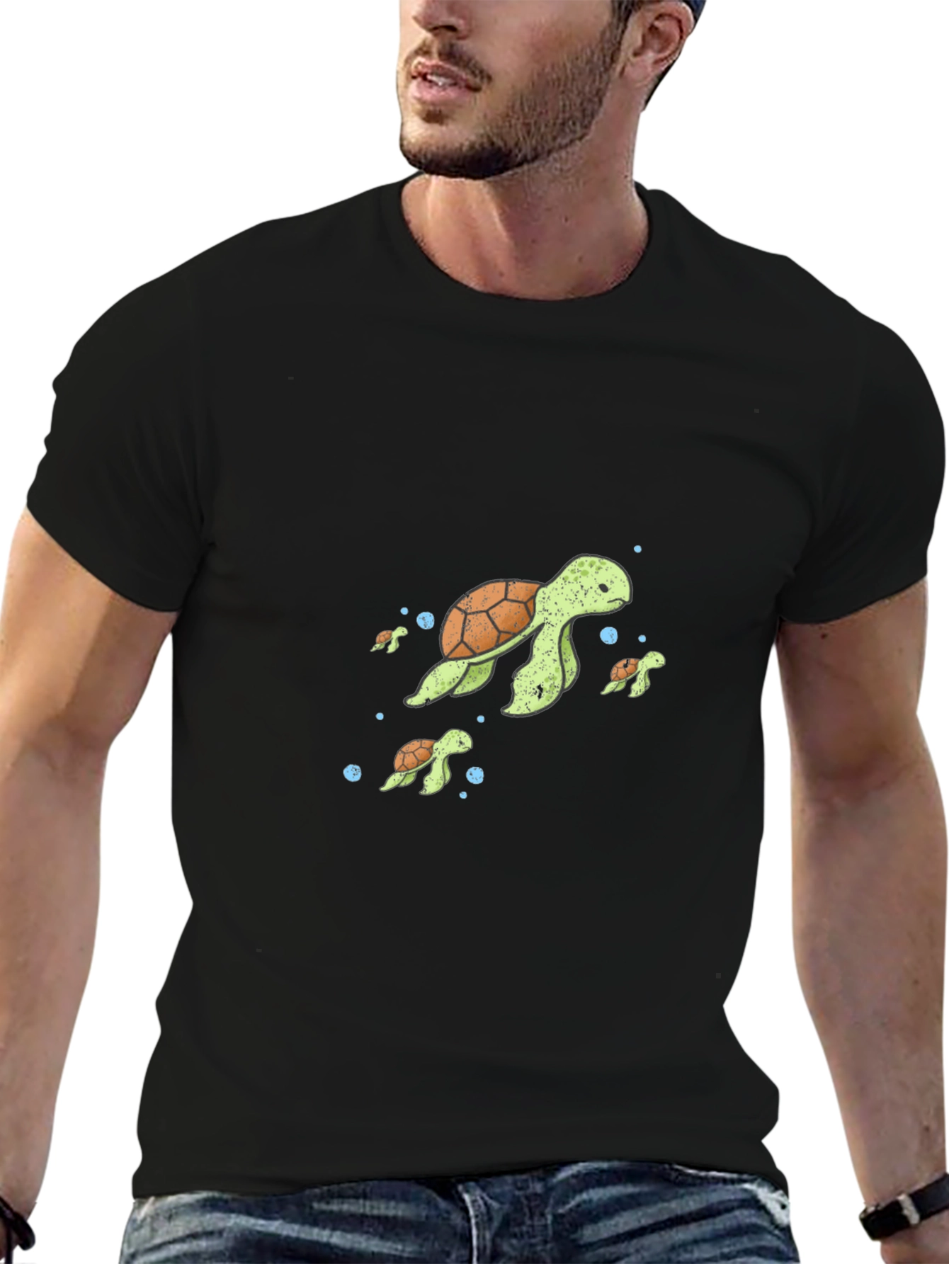 Turtle Family Graphic Tee - Black Cotton T-Shirt