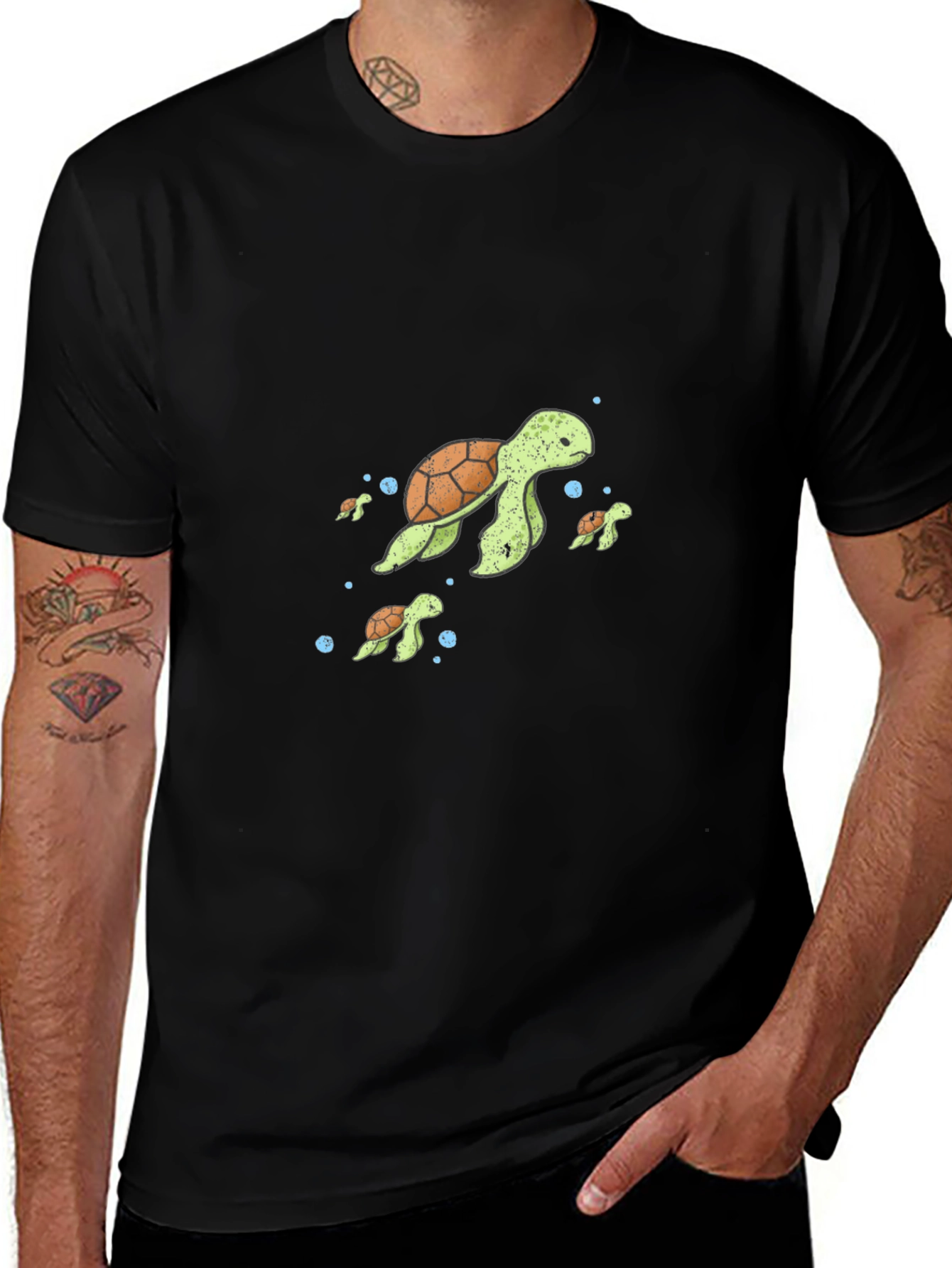 Turtle Family Graphic Tee - Black Cotton T-Shirt