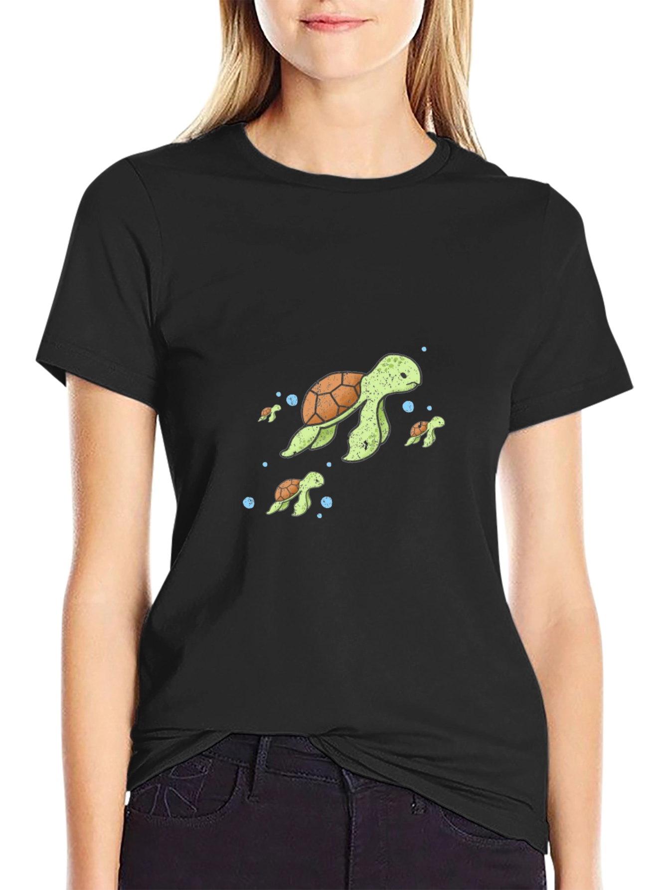 Turtle Family Graphic Tee - Black Cotton T-Shirt