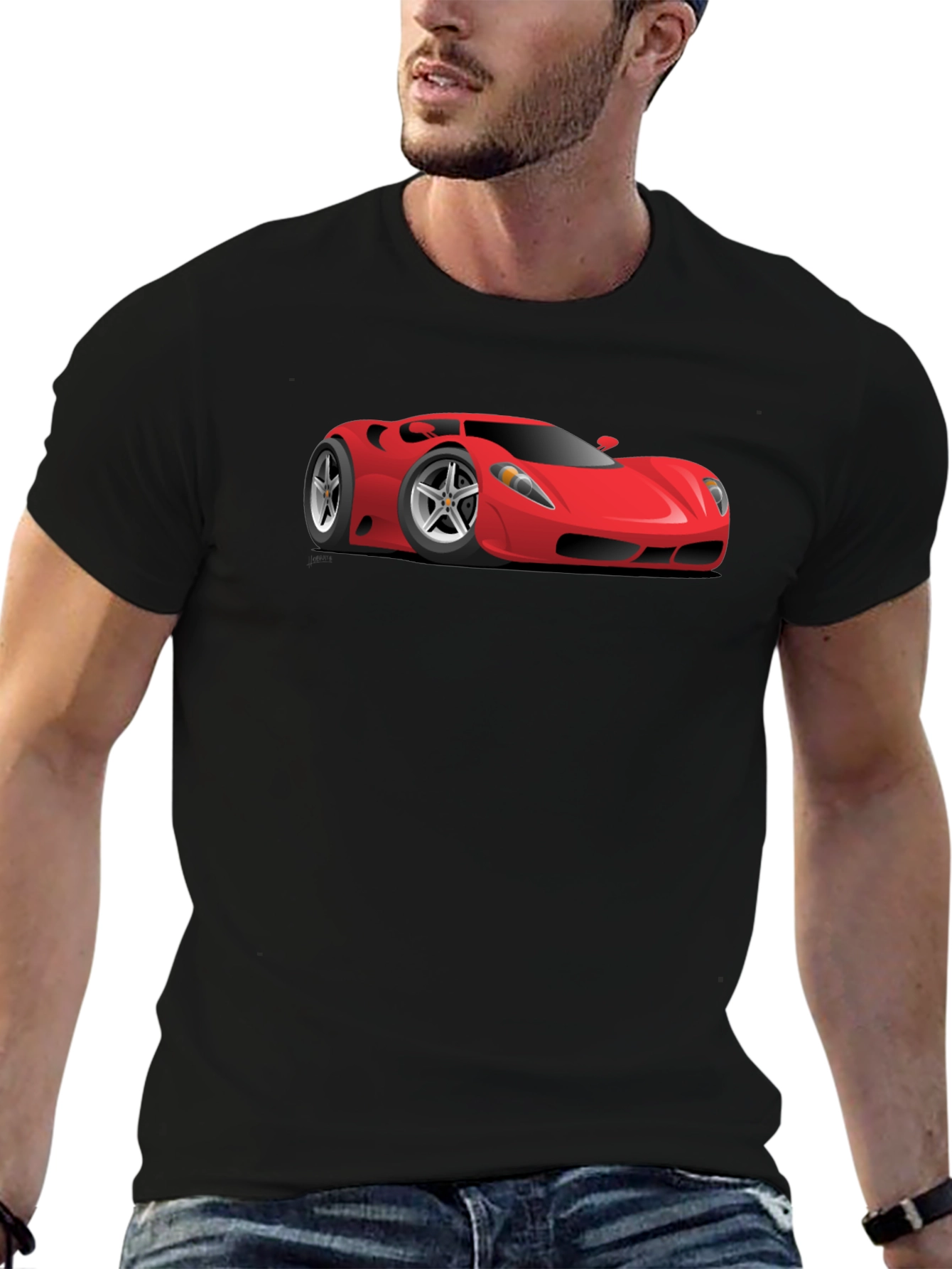 Mens Black T-Shirt with Red Sports Car Graphic