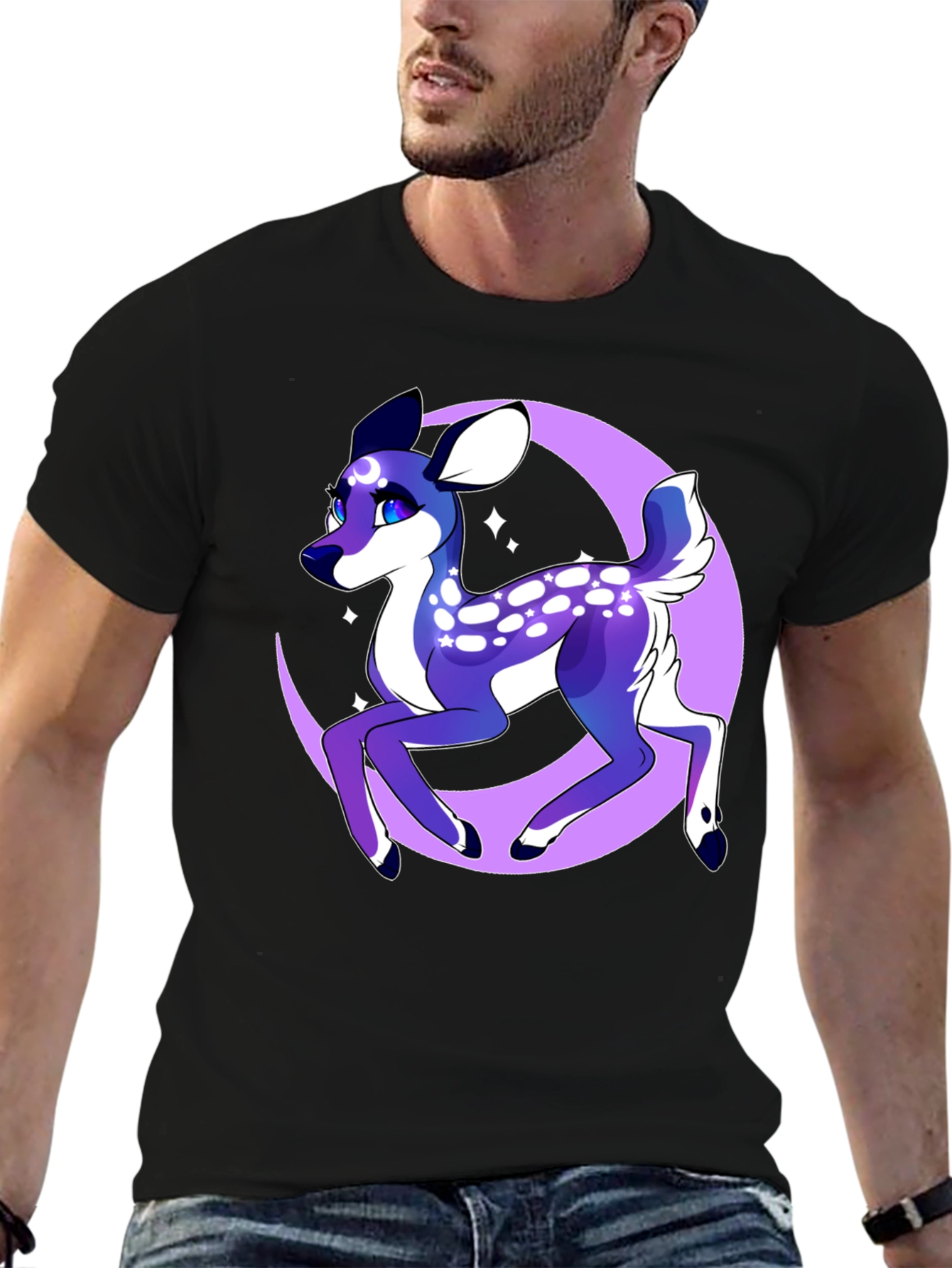 Mystical Deer Graphic Tee - Black Cotton Shirt