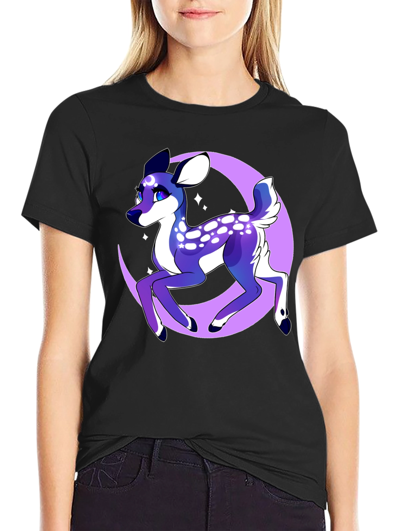 Mystical Deer Graphic Tee - Black Cotton Shirt