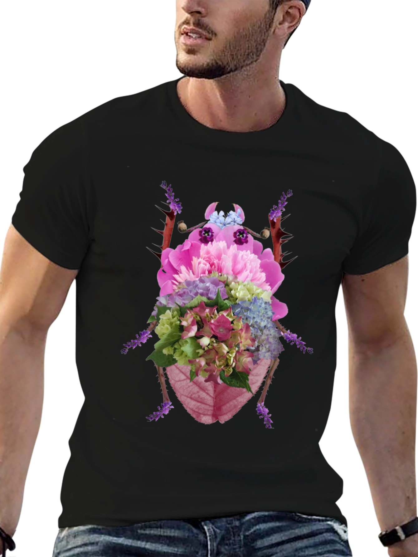 Floral Beetle Graphic Tee - Black Cotton T-Shirt