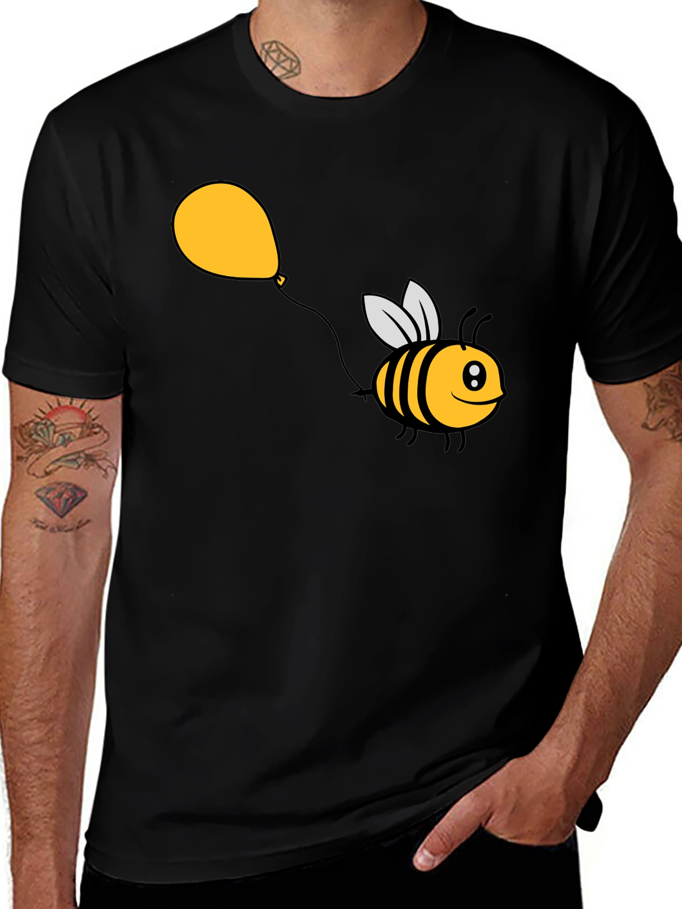 Cartoon Bee Balloon Black T-Shirt