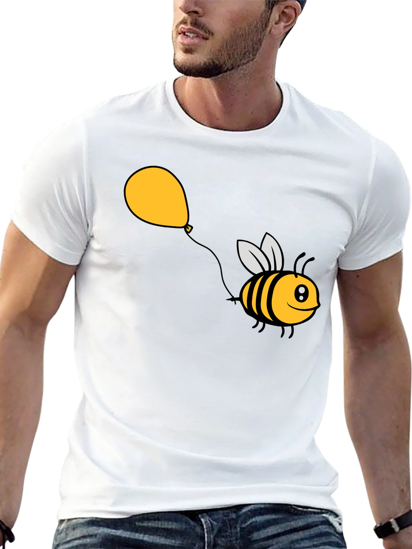 Cartoon Bee Balloon Black T-Shirt