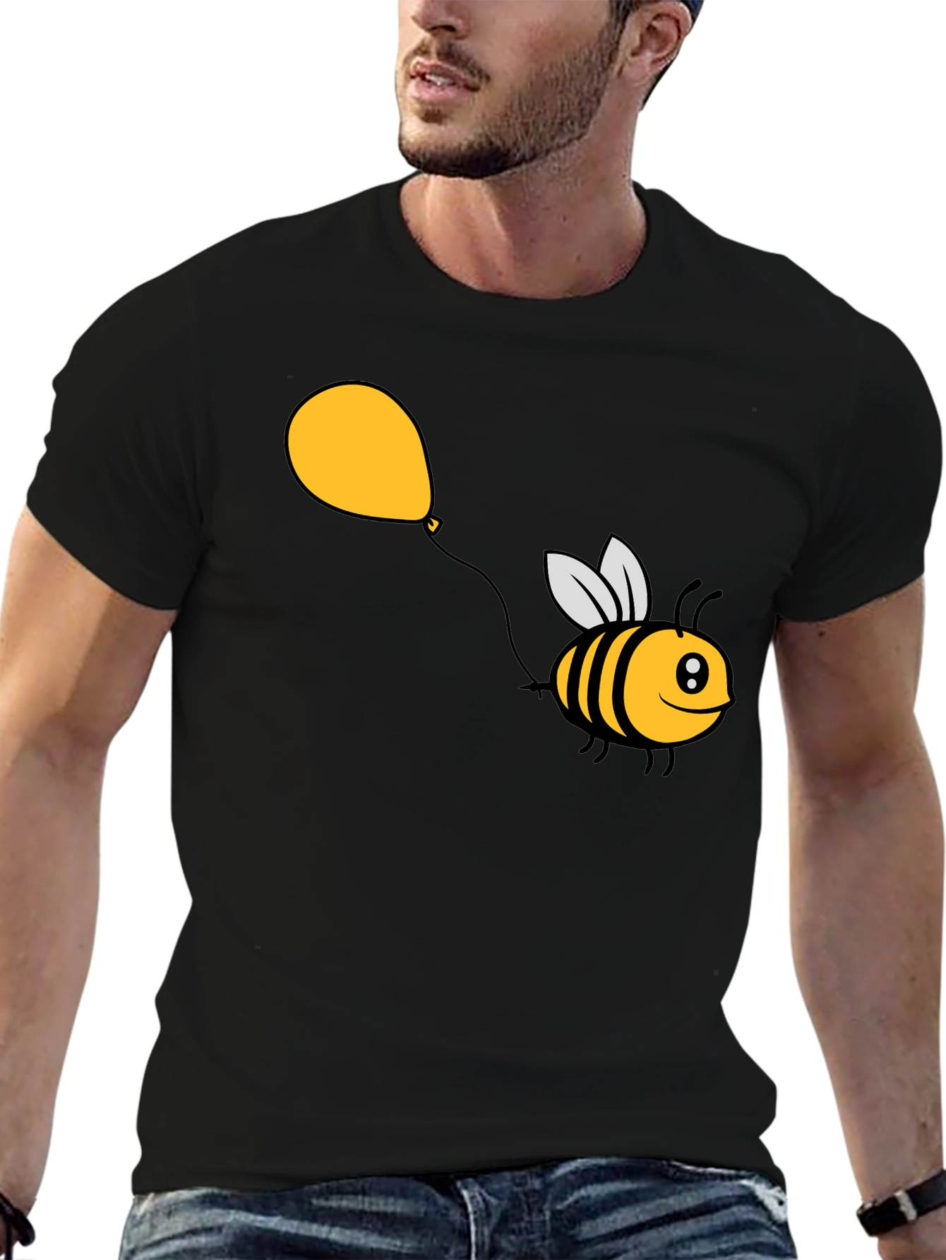 Cartoon Bee Balloon Black T-Shirt