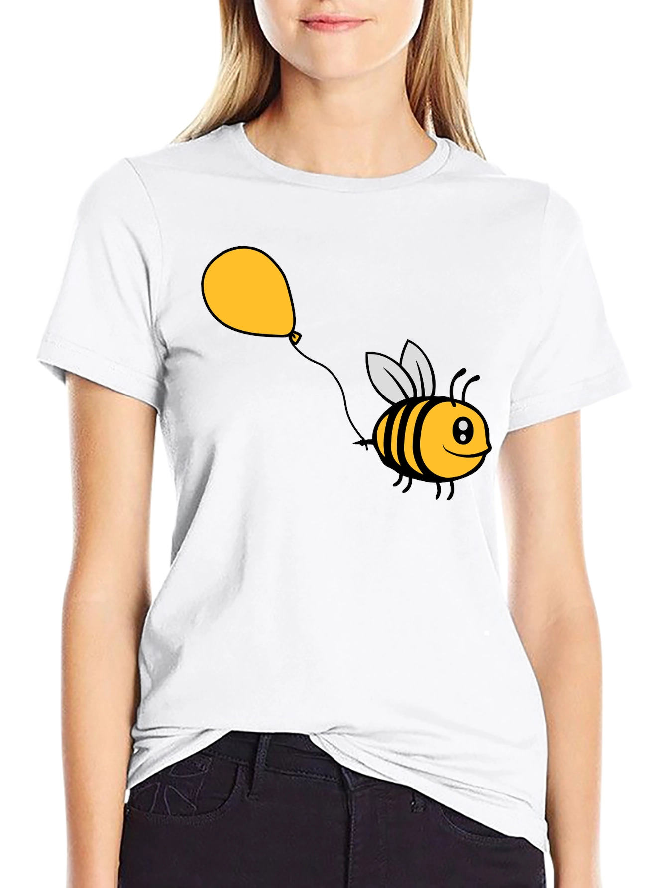 Cartoon Bee Balloon Black T-Shirt