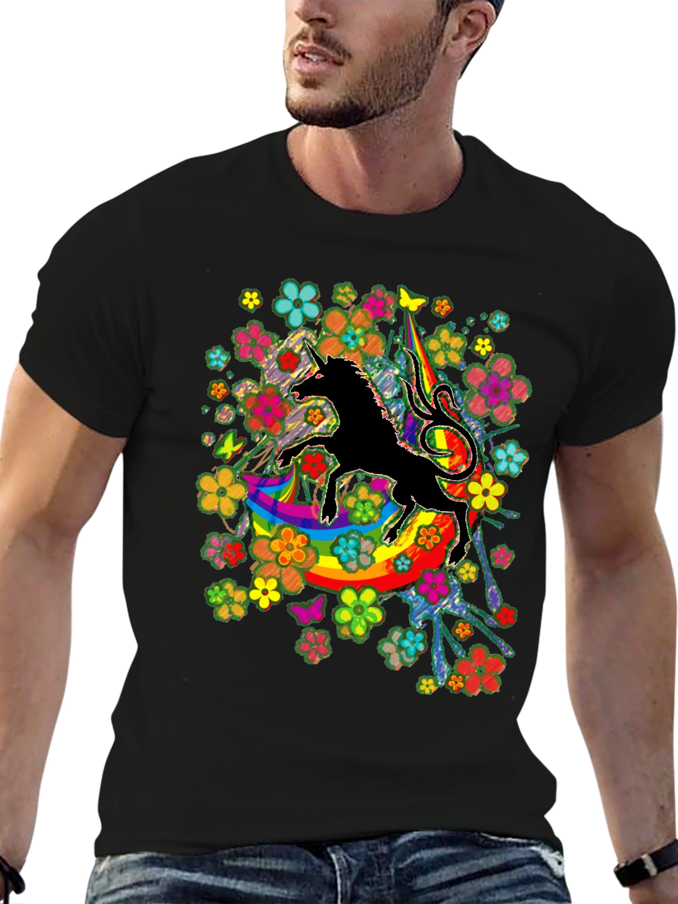 Unicorn Rainbow Floral Graphic T-Shirt