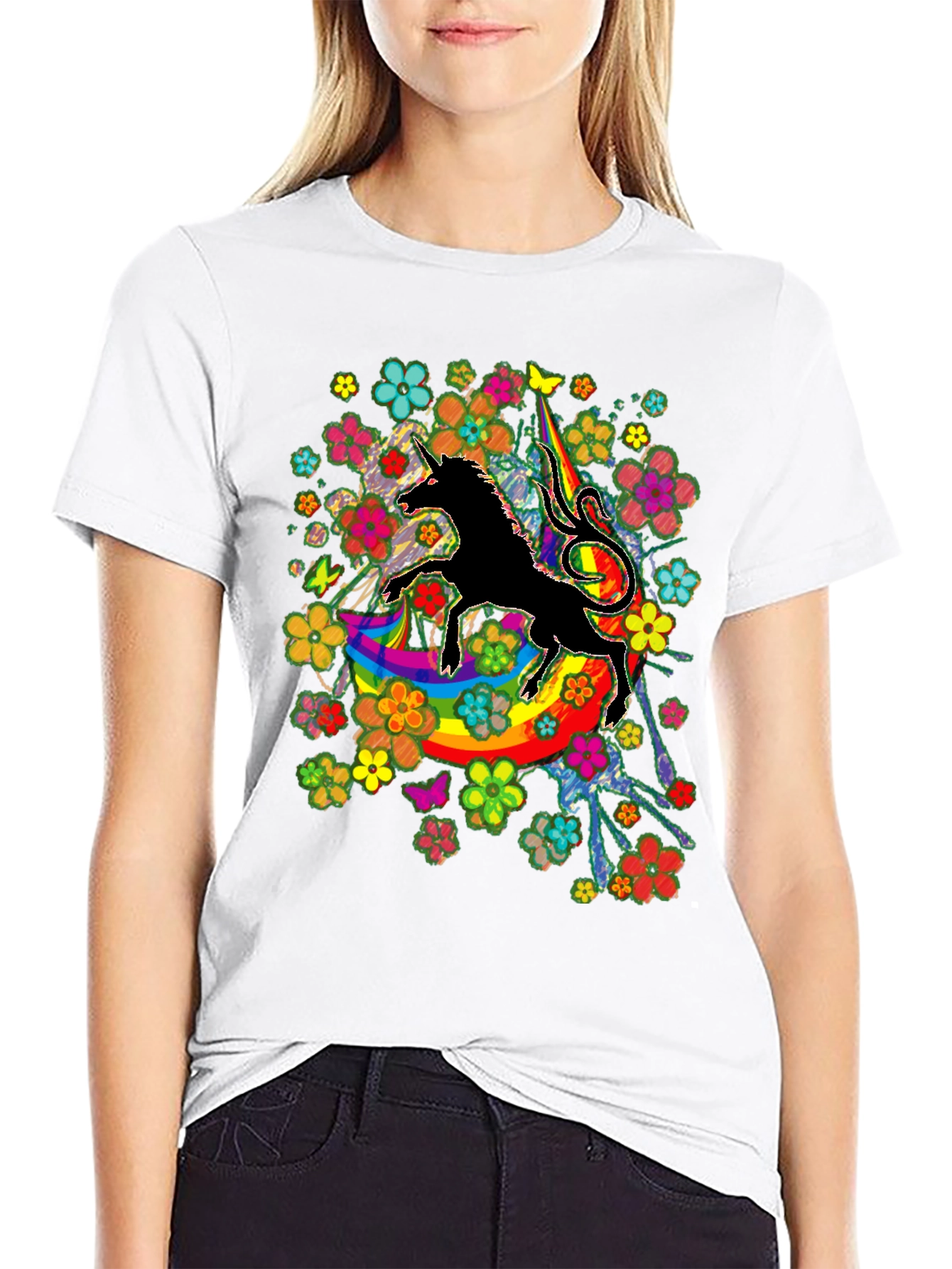 Unicorn Rainbow Floral Graphic T-Shirt