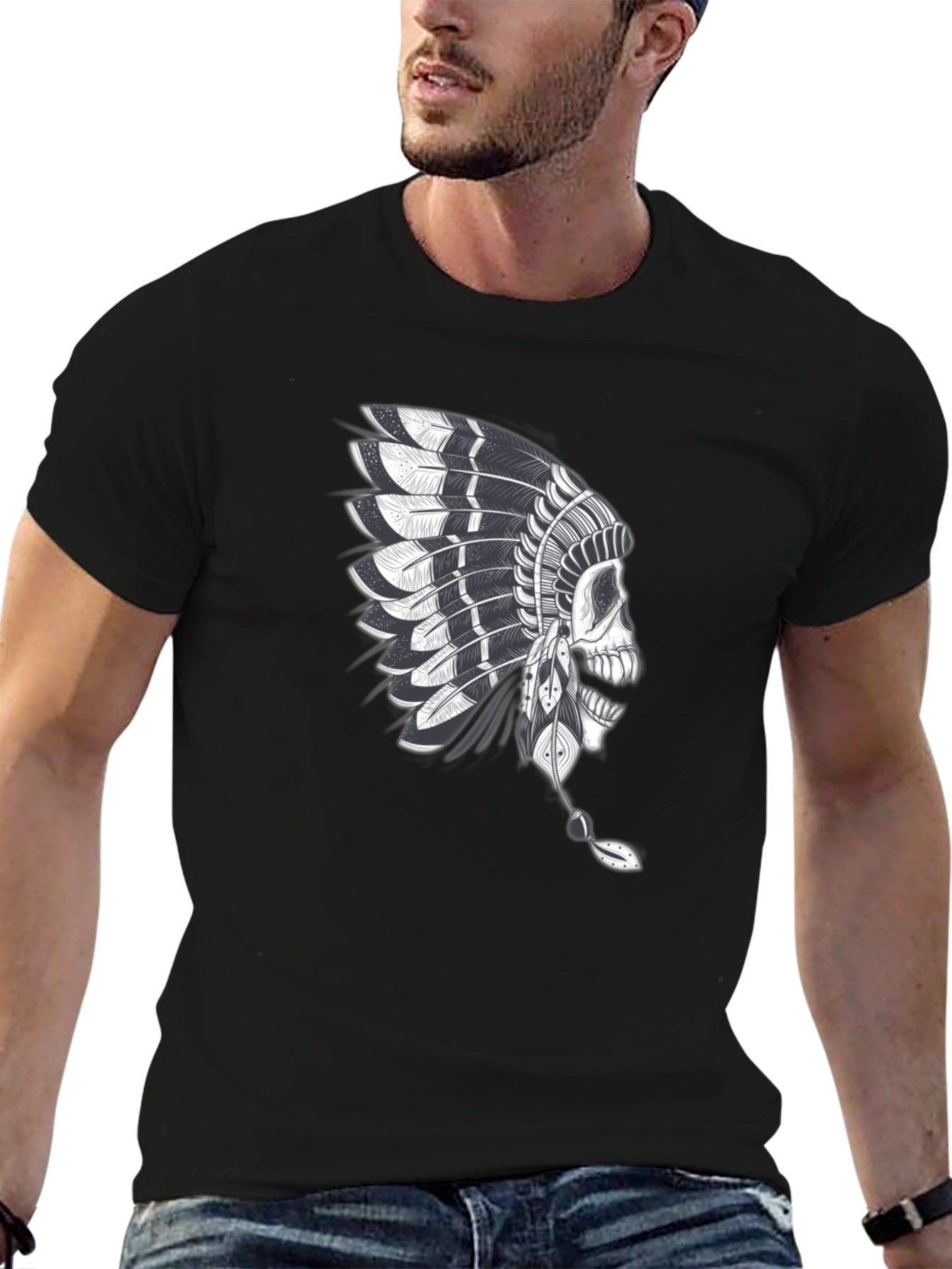 Skull Chief T-Shirt - Native American Headdress Graphic Tee