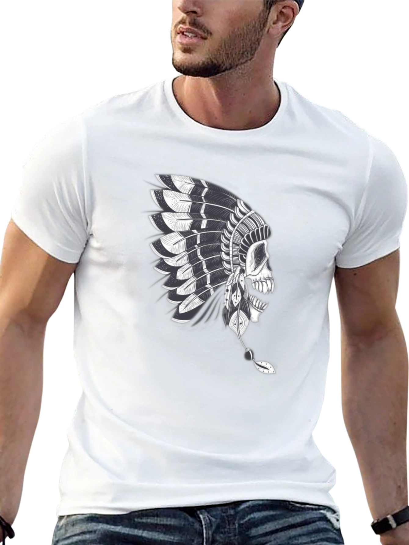 Skull Chief T-Shirt - Native American Headdress Graphic Tee