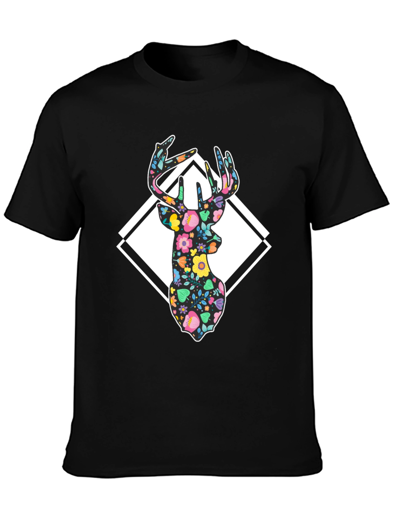 Floral Deer Graphic T-Shirt - Mens Black Tee