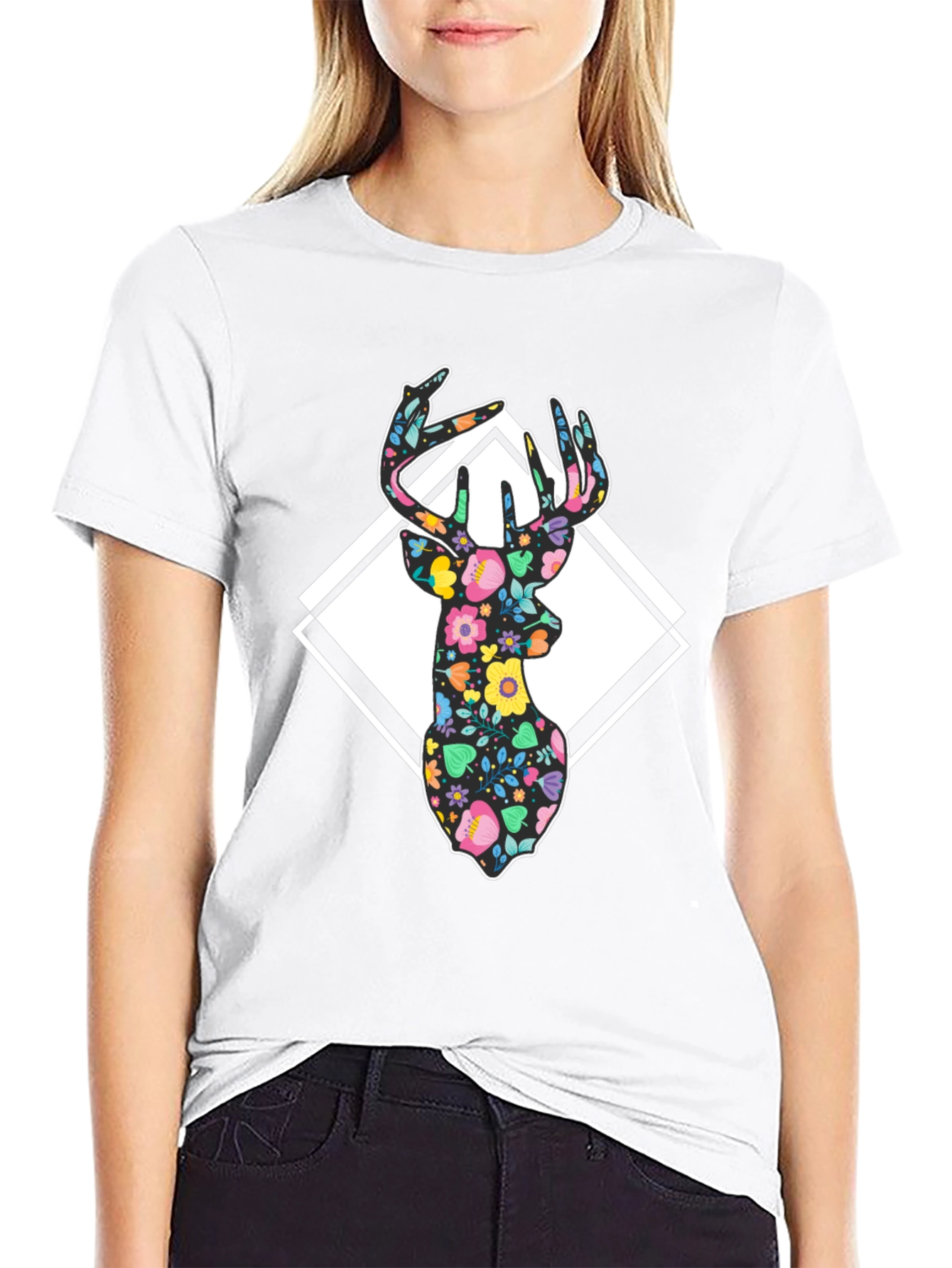 Floral Deer Graphic T-Shirt - Mens Black Tee