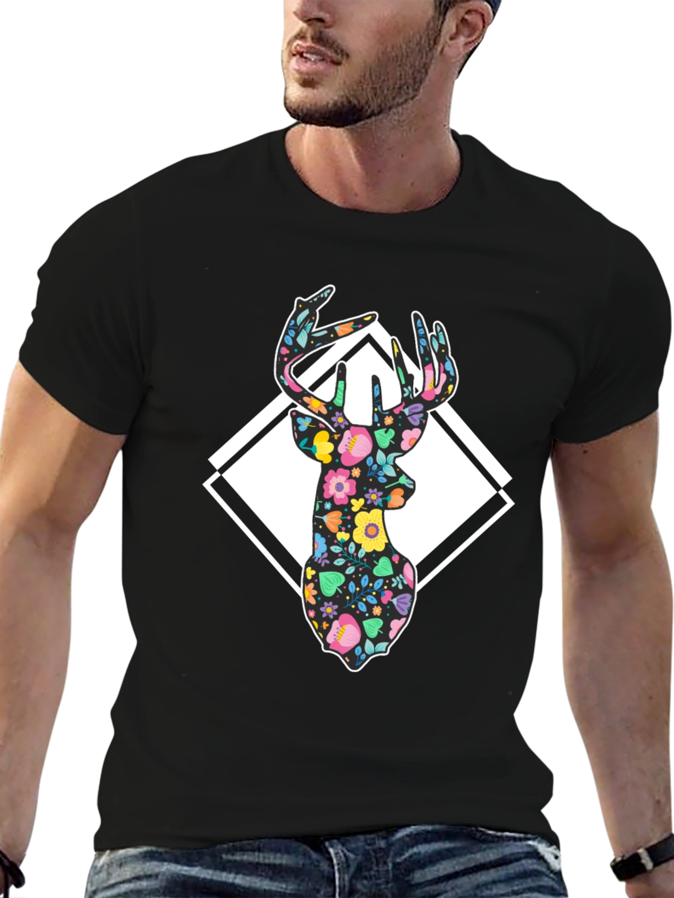 Floral Deer Graphic T-Shirt - Mens Black Tee