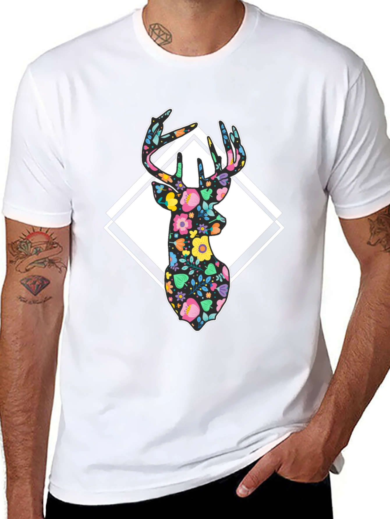 Floral Deer Graphic T-Shirt - Mens Black Tee