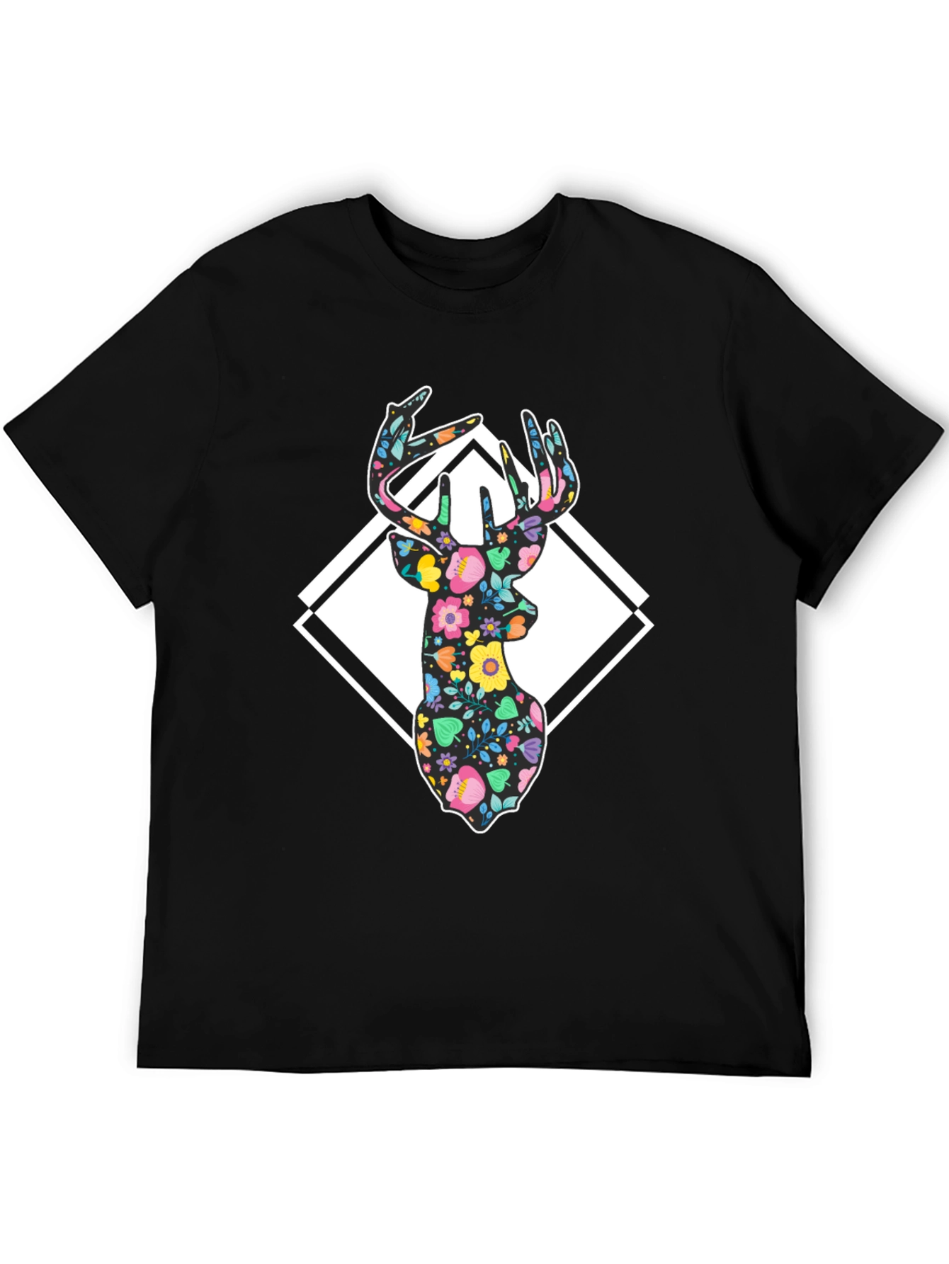 Floral Deer Graphic T-Shirt - Mens Black Tee