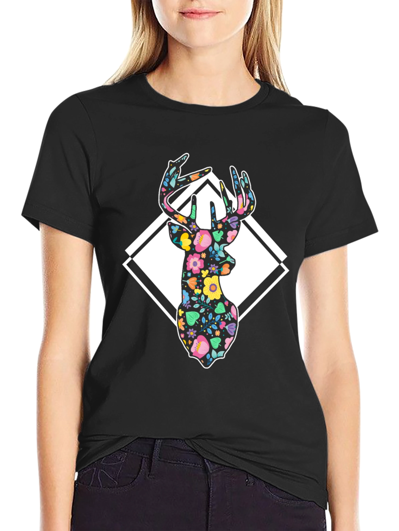 Floral Deer Graphic T-Shirt - Mens Black Tee