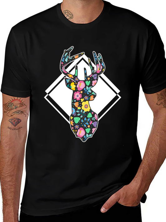 Floral Deer Graphic T-Shirt - Mens Black Tee