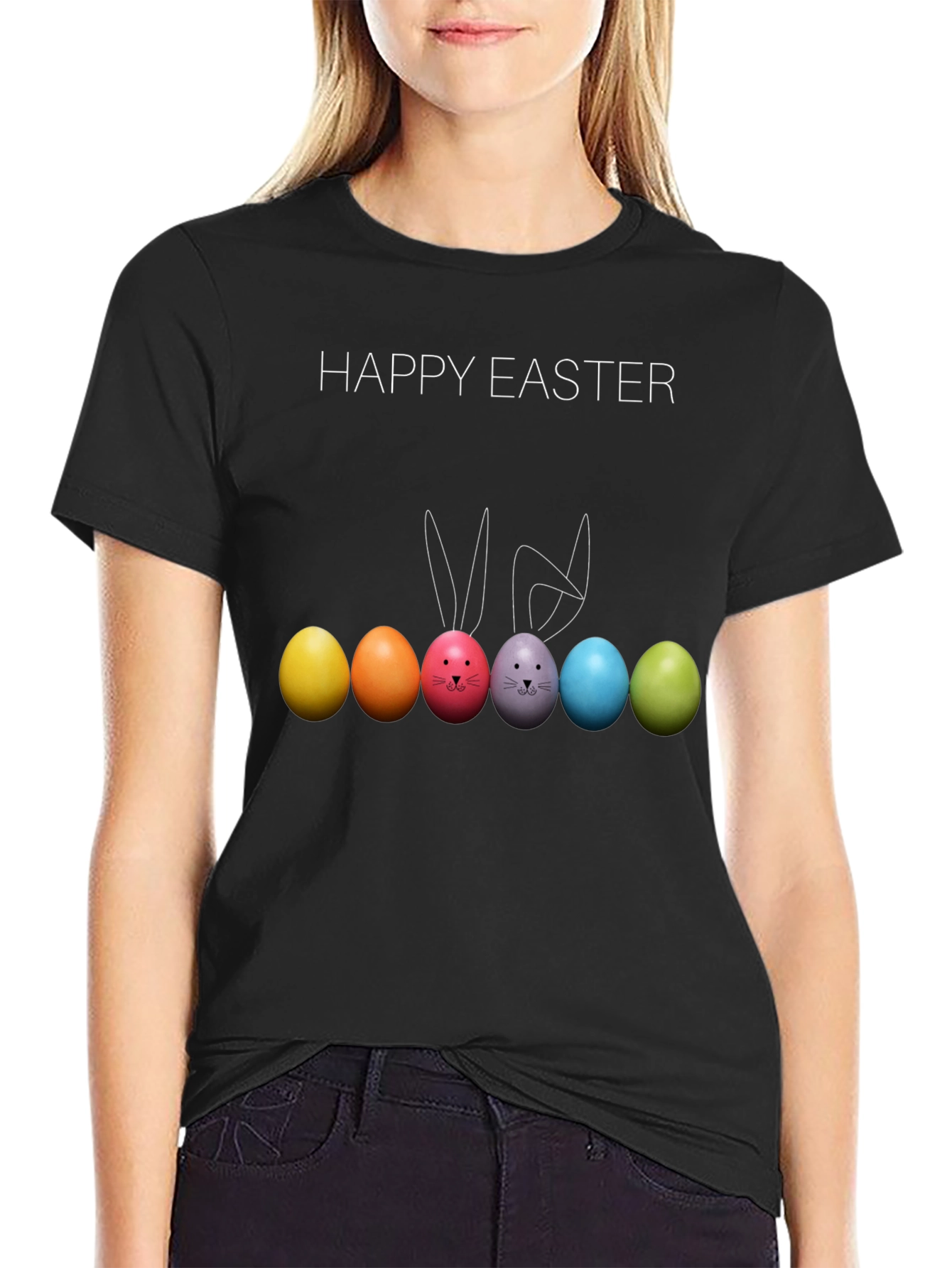 Happy Easter Bunny Eggs Black T-Shirt