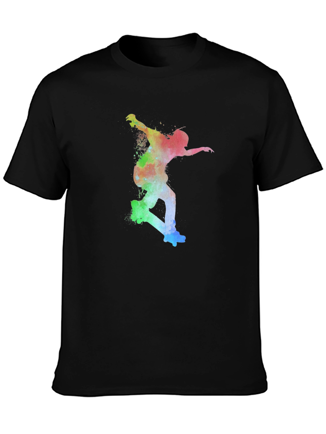 Skateboarder Rainbow Art Print Black T-Shirt