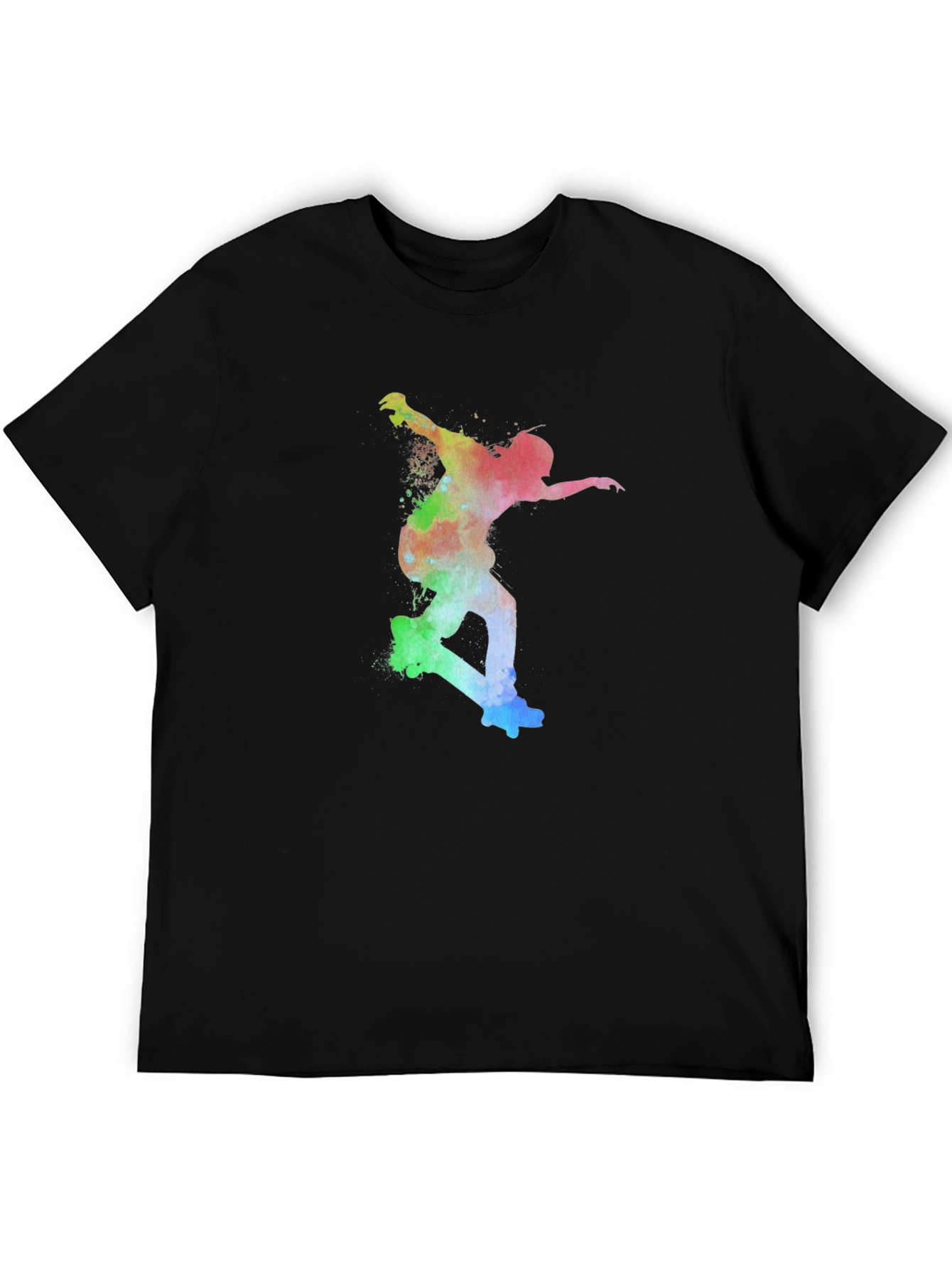 Skateboarder Rainbow Art Print Black T-Shirt