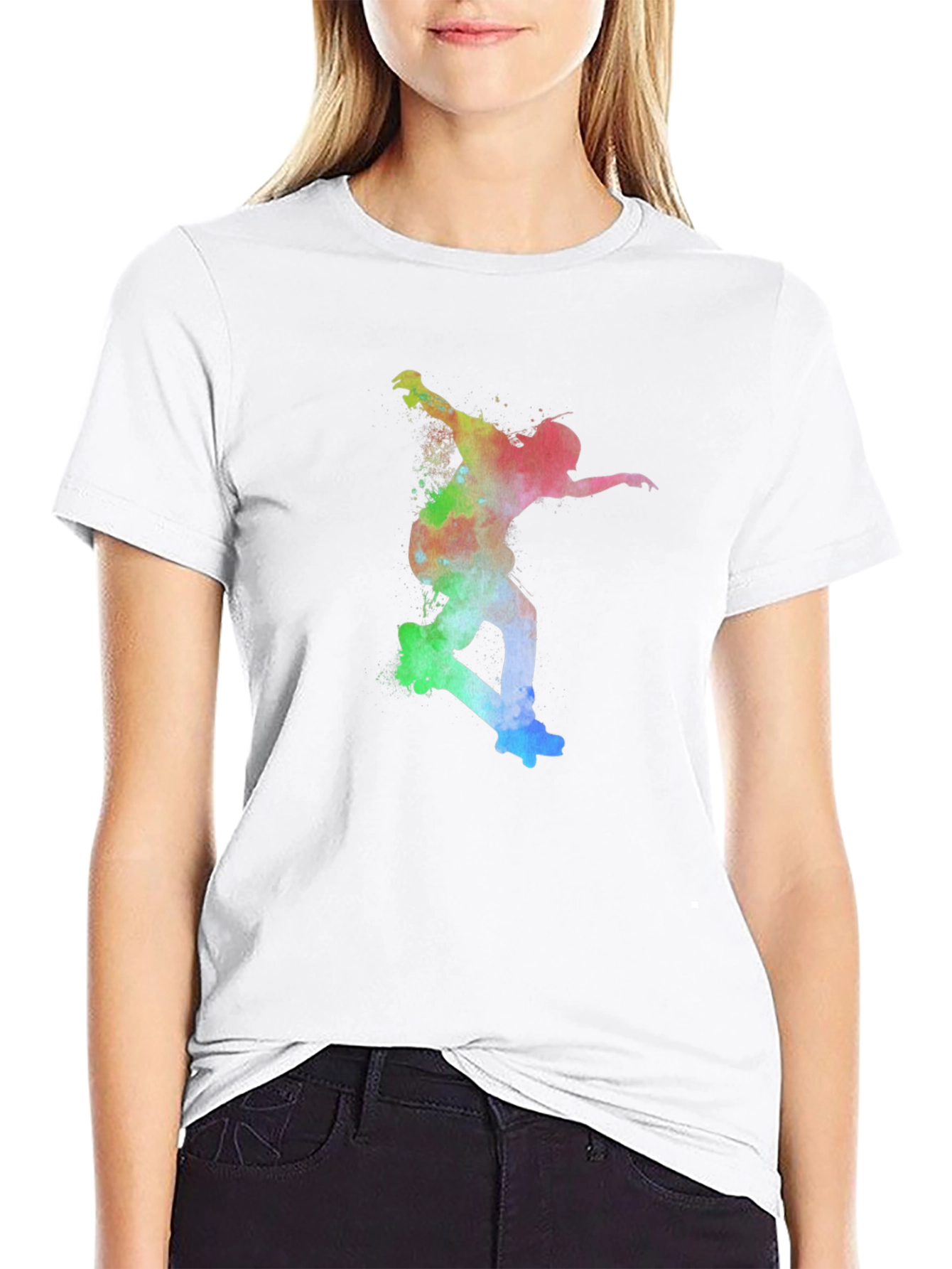 Skateboarder Rainbow Art Print Black T-Shirt
