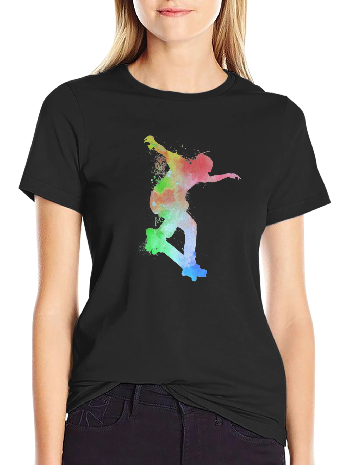 Skateboarder Rainbow Art Print Black T-Shirt