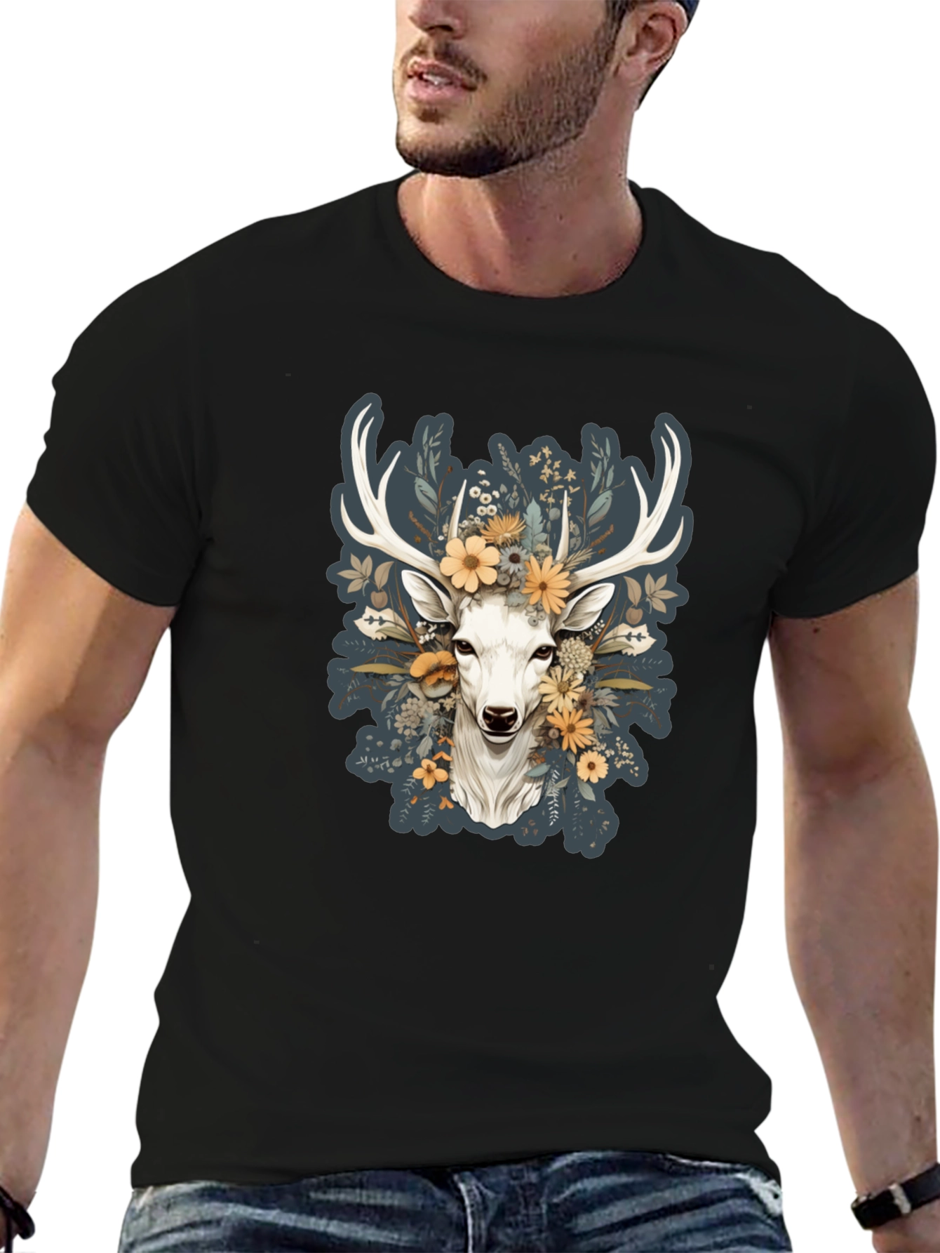 Floral Deer Graphic Tee - Nature Inspired Menswear