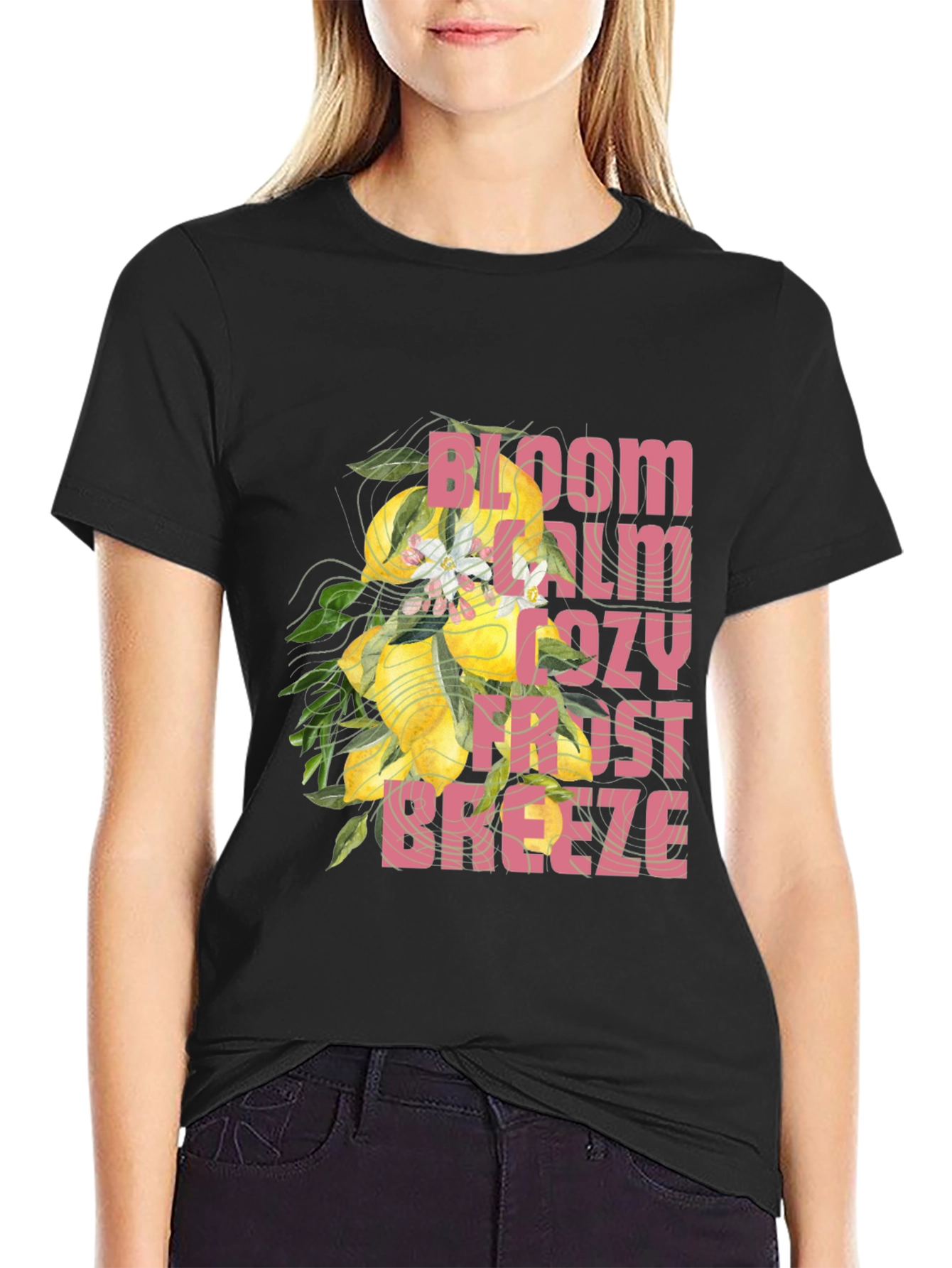 Bloom Calm Cozy Frost Breeze Black Graphic Tee