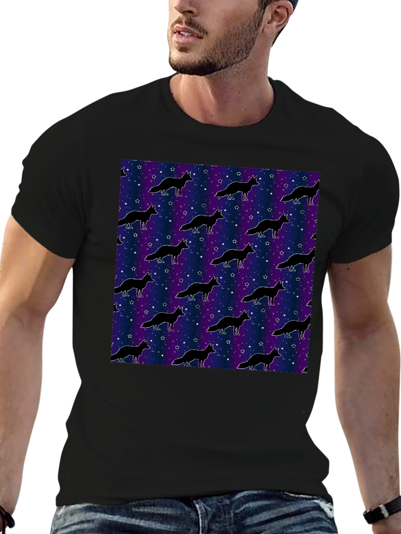Galaxy Fox Pattern Black T-Shirt