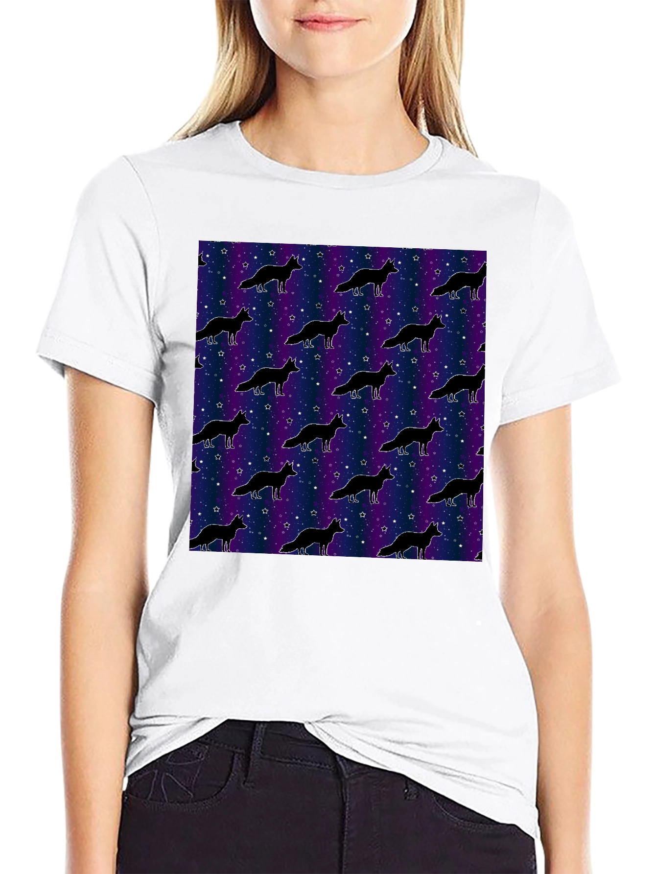 Galaxy Fox Pattern Black T-Shirt