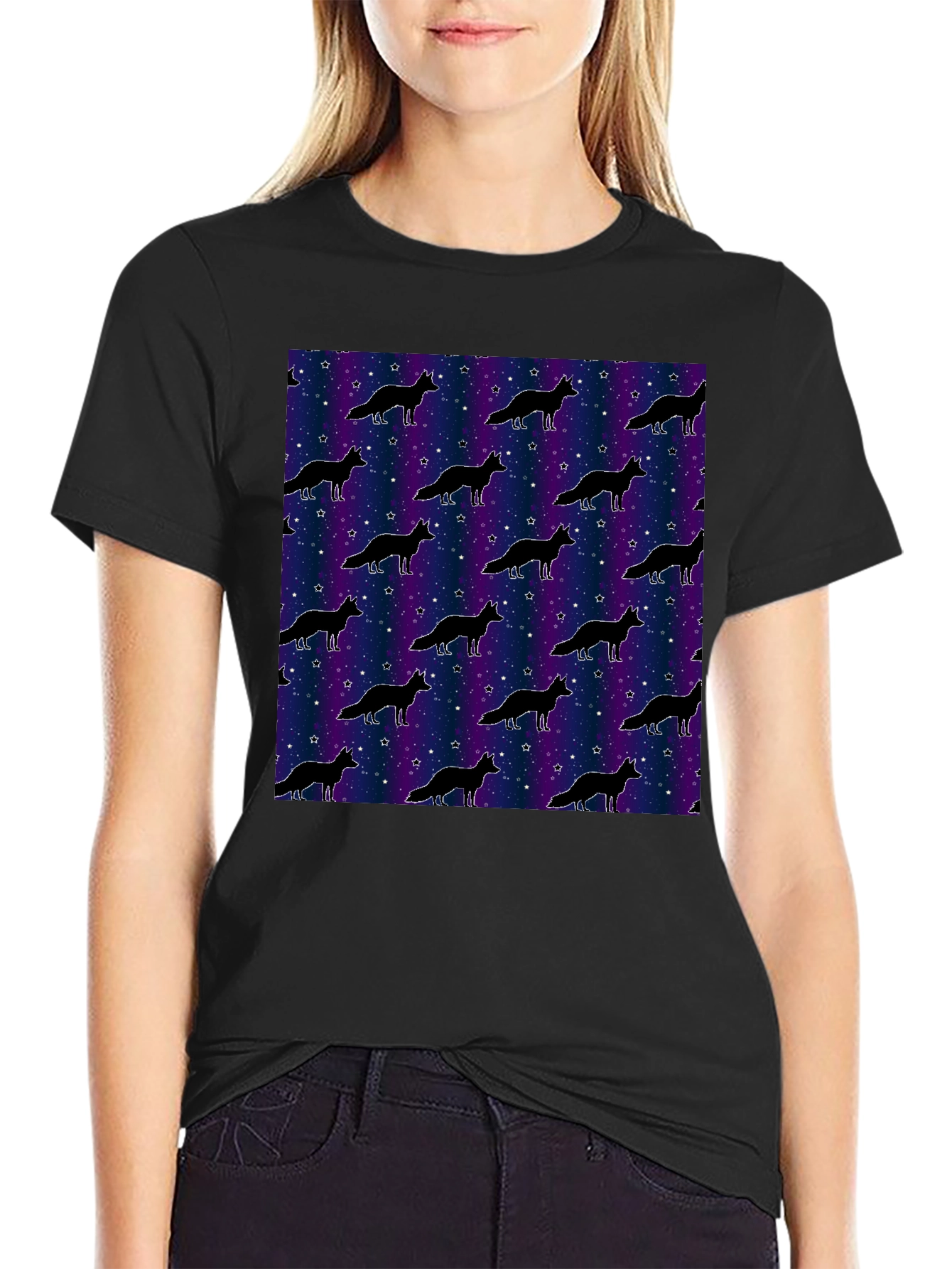 Galaxy Fox Pattern Black T-Shirt