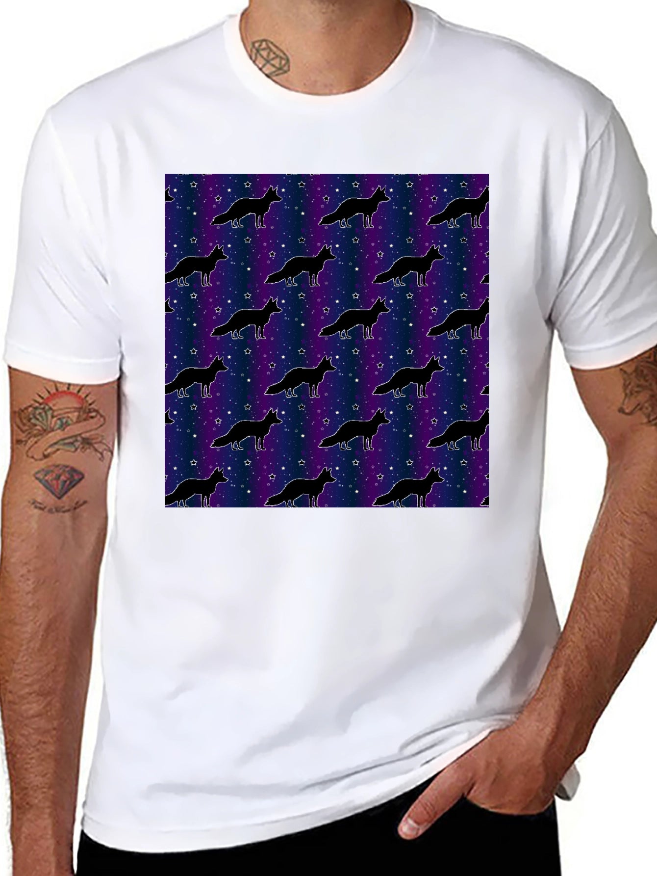 Galaxy Fox Pattern Black T-Shirt