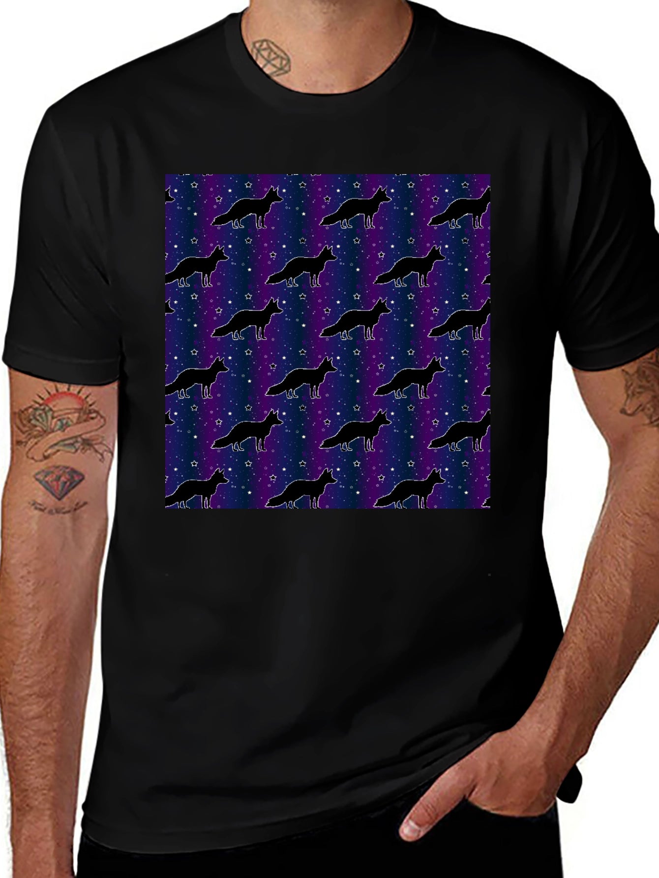 Galaxy Fox Pattern Black T-Shirt