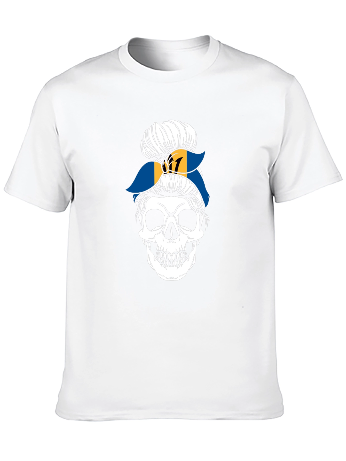Barbados Flag Messy Bun Skull T-Shirt
