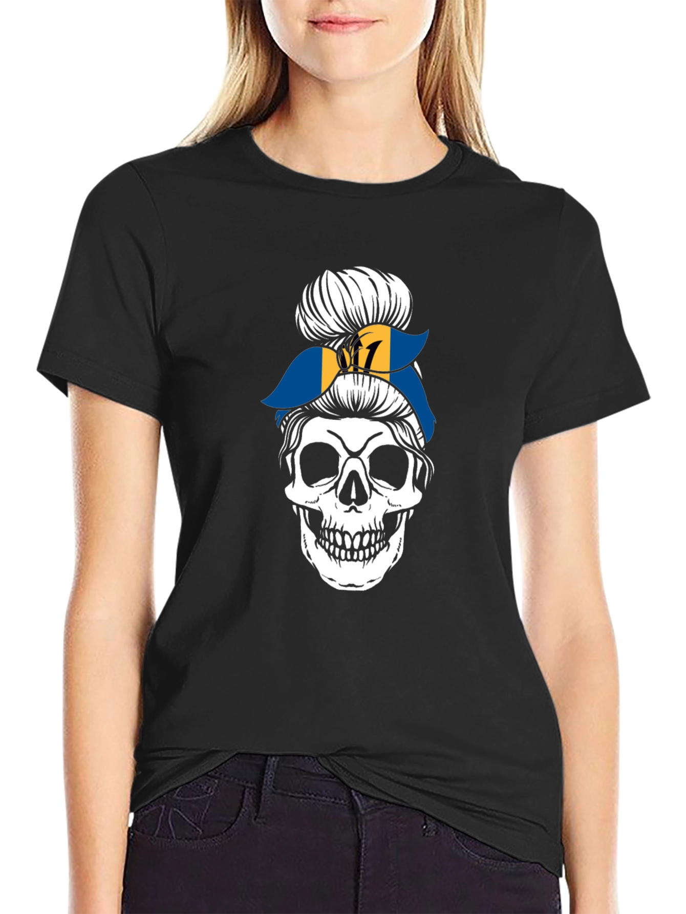 Barbados Flag Messy Bun Skull T-Shirt