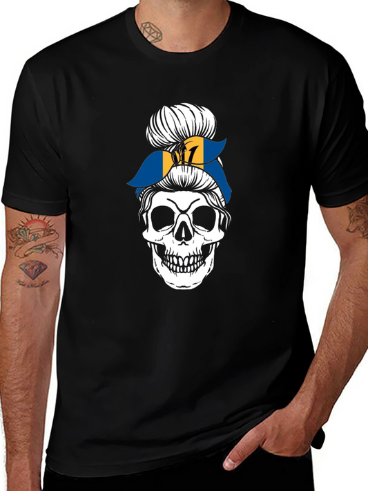 Barbados Flag Messy Bun Skull T-Shirt