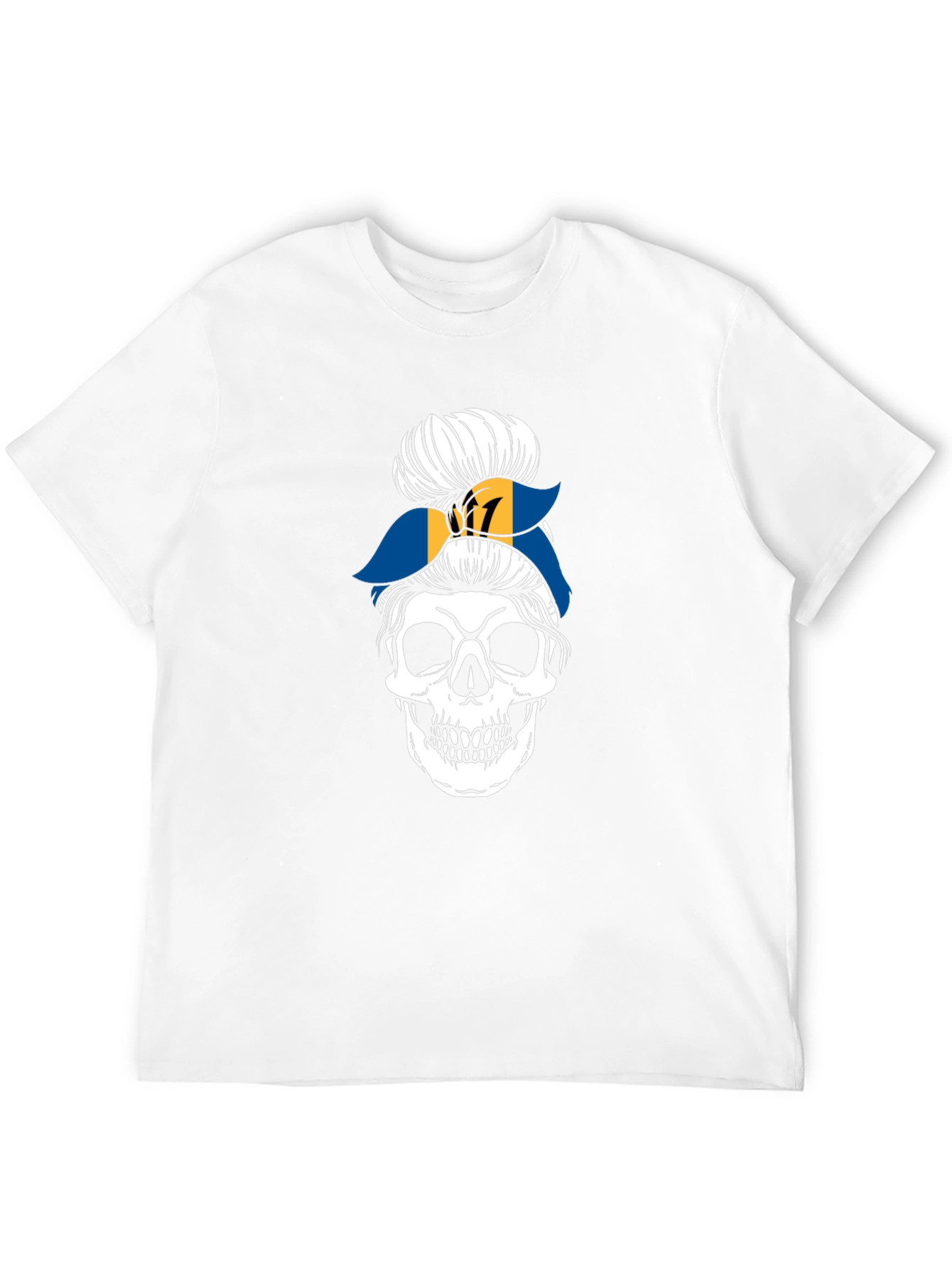 Barbados Flag Messy Bun Skull T-Shirt