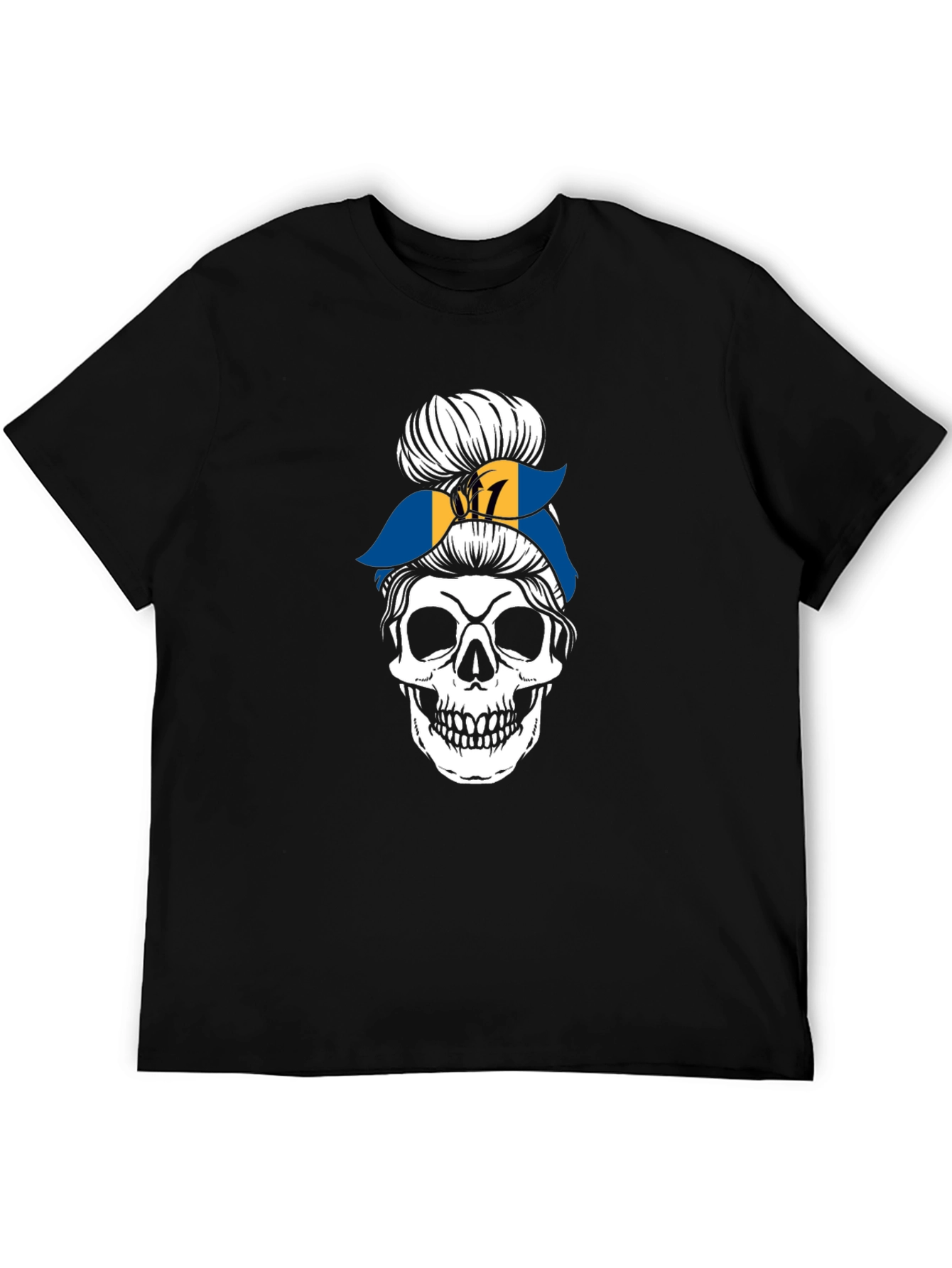Barbados Flag Messy Bun Skull T-Shirt