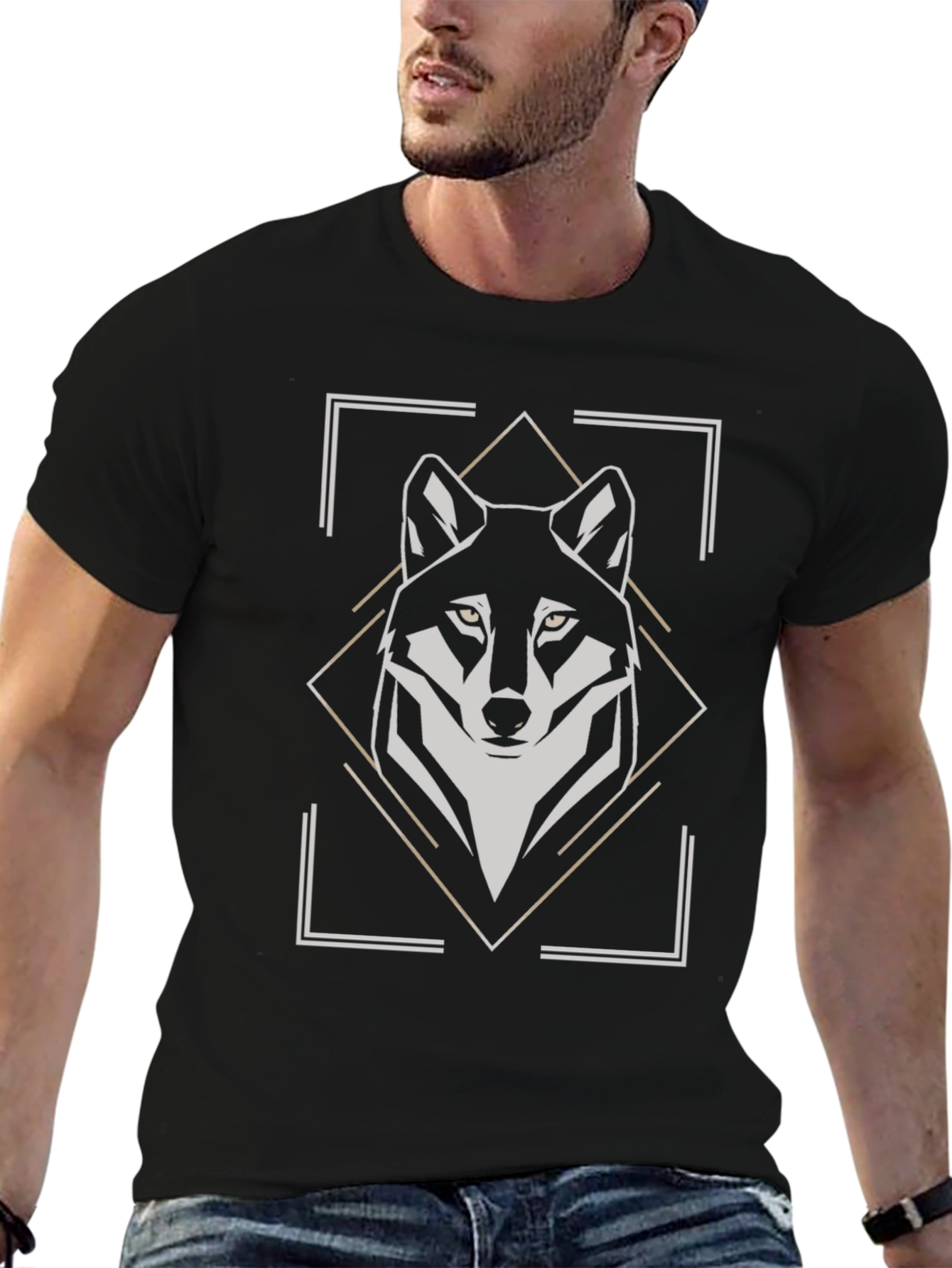 Geometric Wolf Graphic Tee - Black