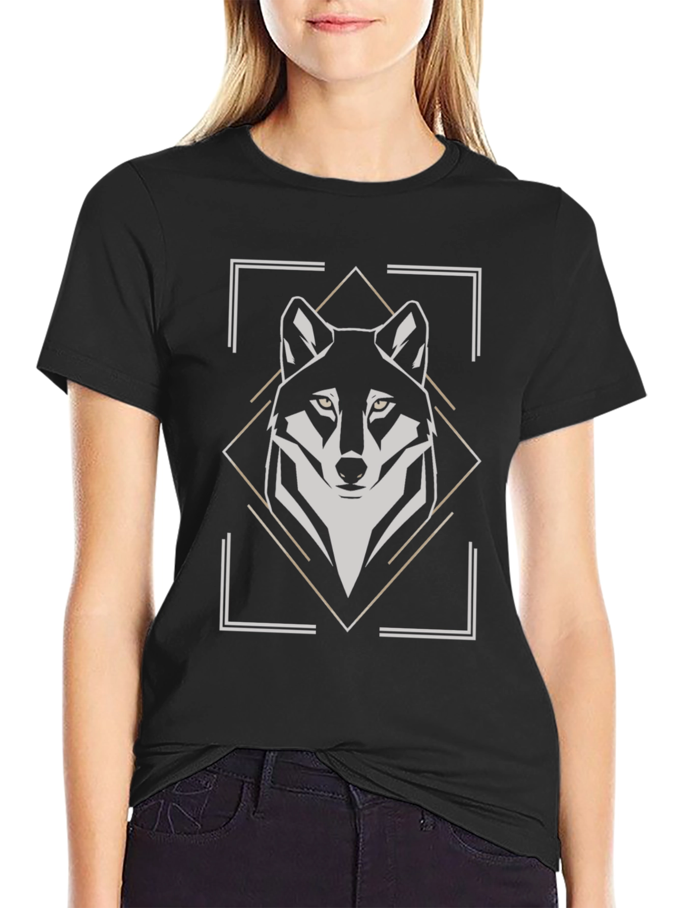 Geometric Wolf Graphic Tee - Black