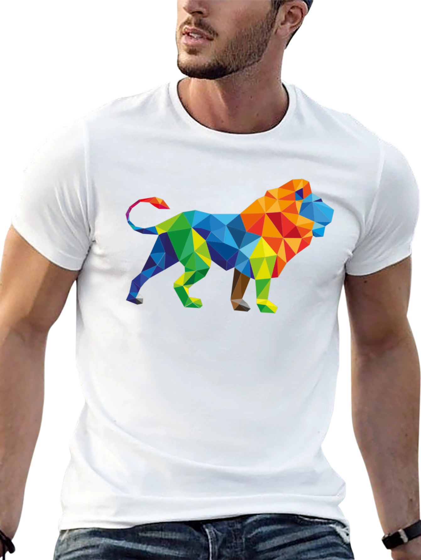 Geometric Lion Graphic Tee - Stylish Mens Black T-Shirt