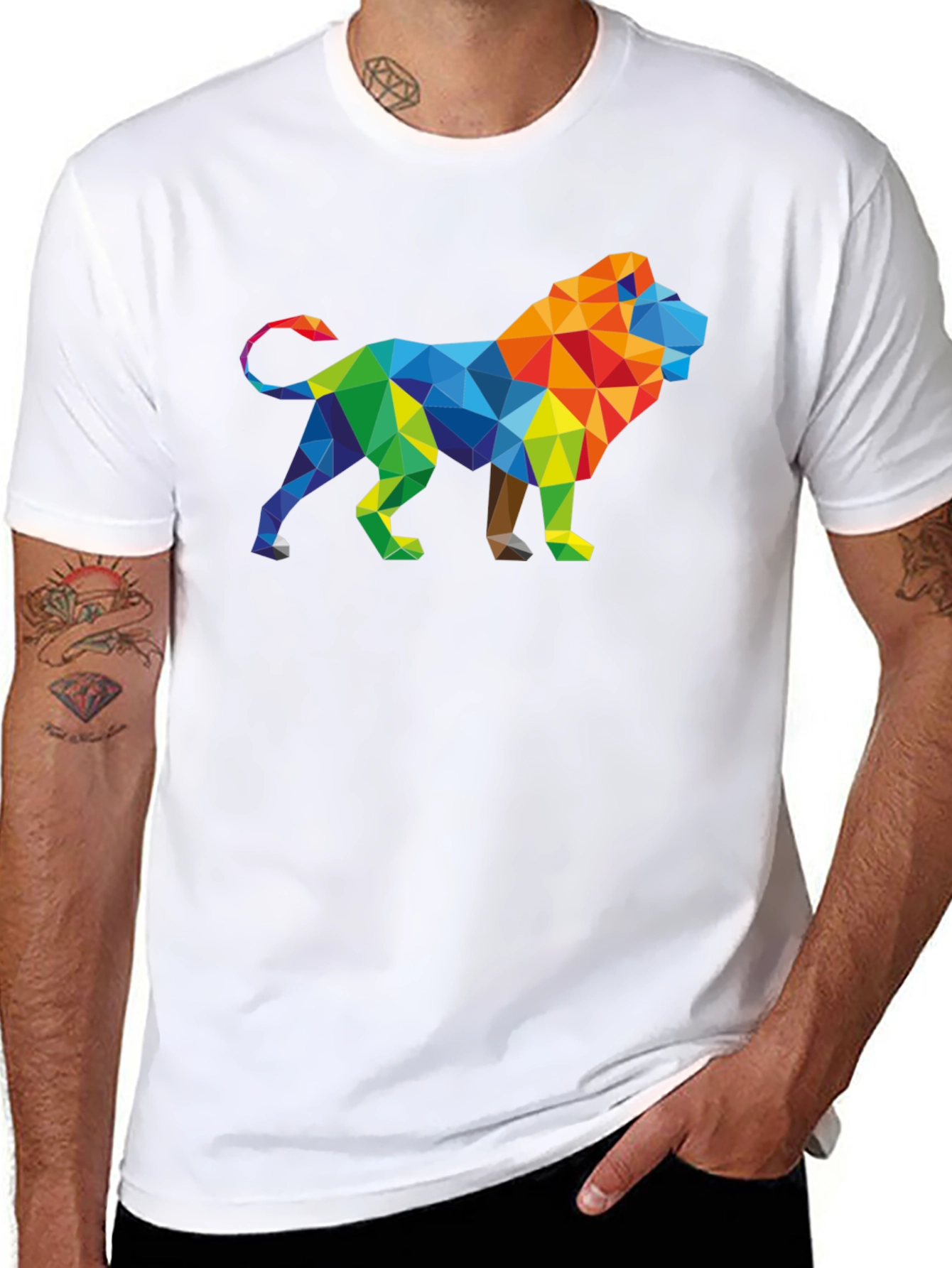 Geometric Lion Graphic Tee - Stylish Mens Black T-Shirt