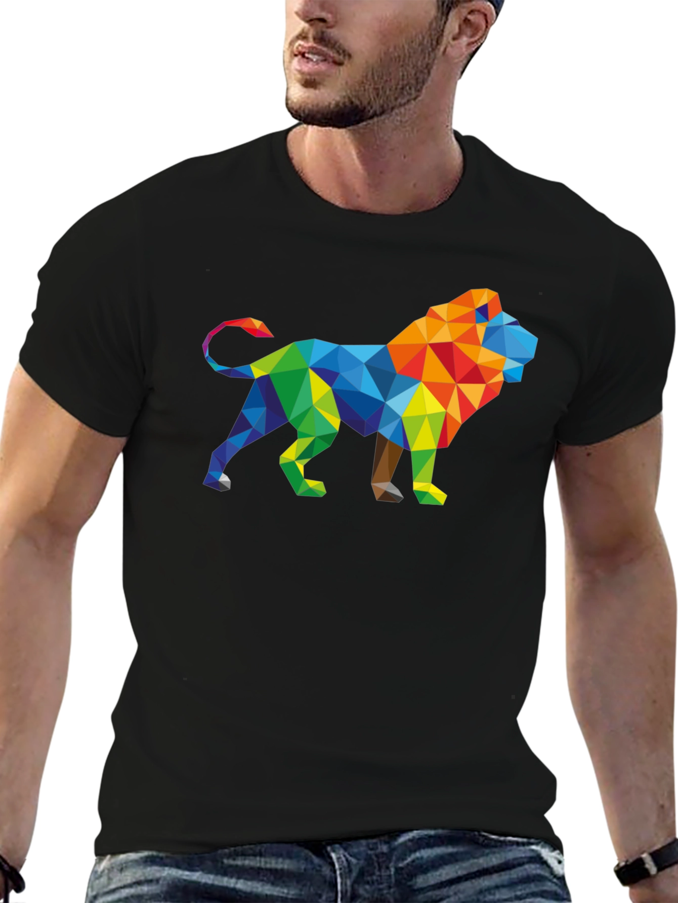 Geometric Lion Graphic Tee - Stylish Mens Black T-Shirt