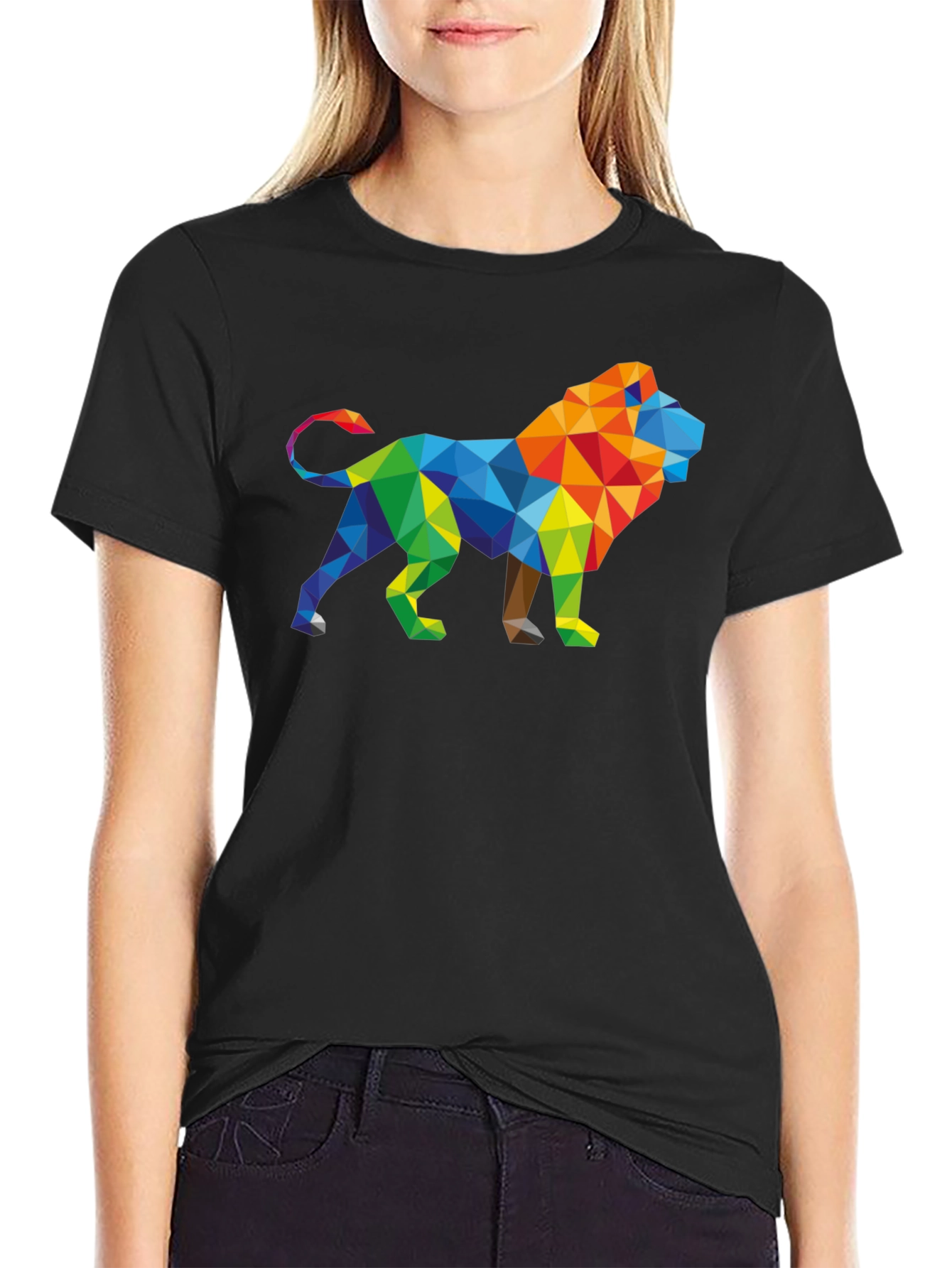 Geometric Lion Graphic Tee - Stylish Mens Black T-Shirt
