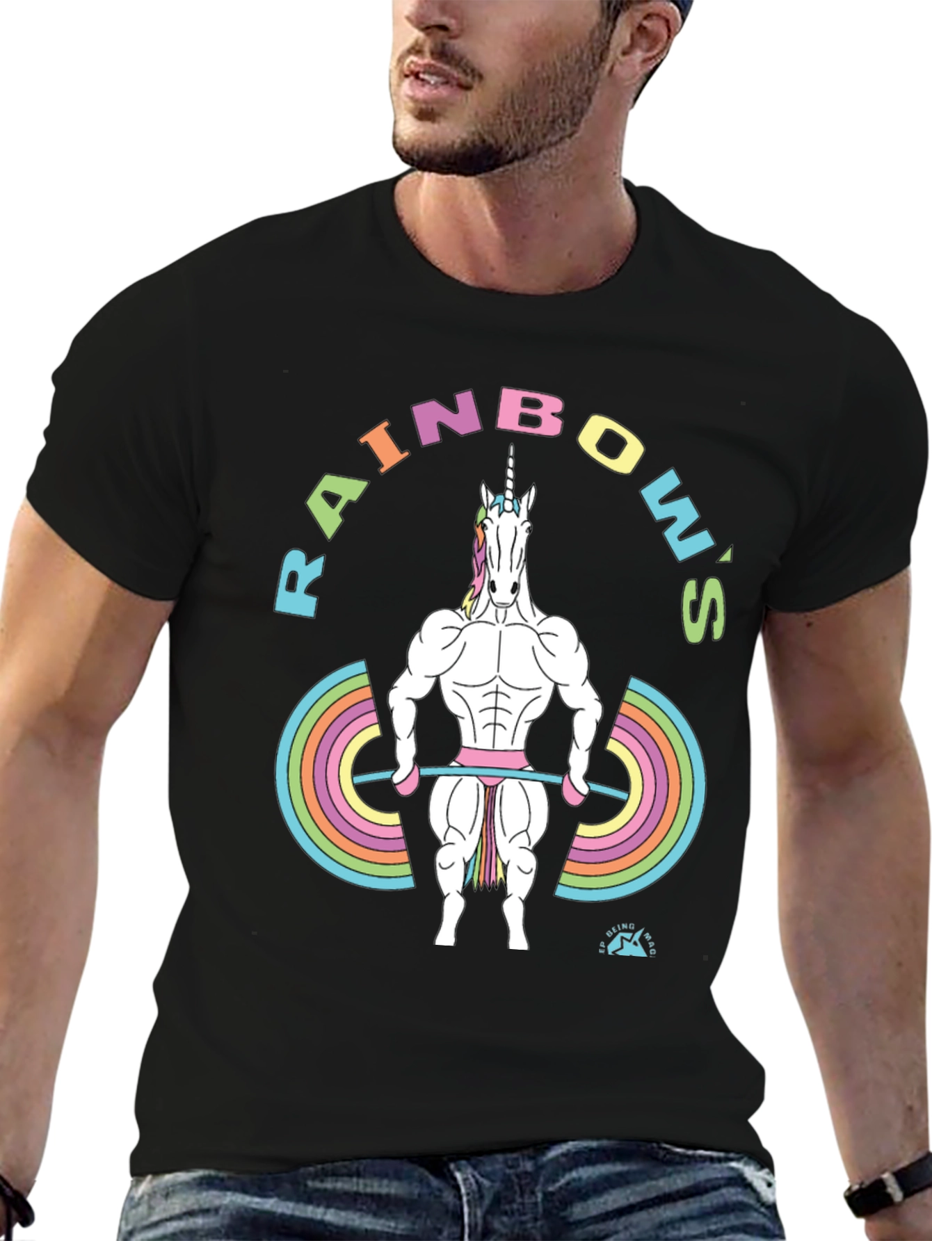 Rainbow Unicorn Weightlifter Black T-Shirt