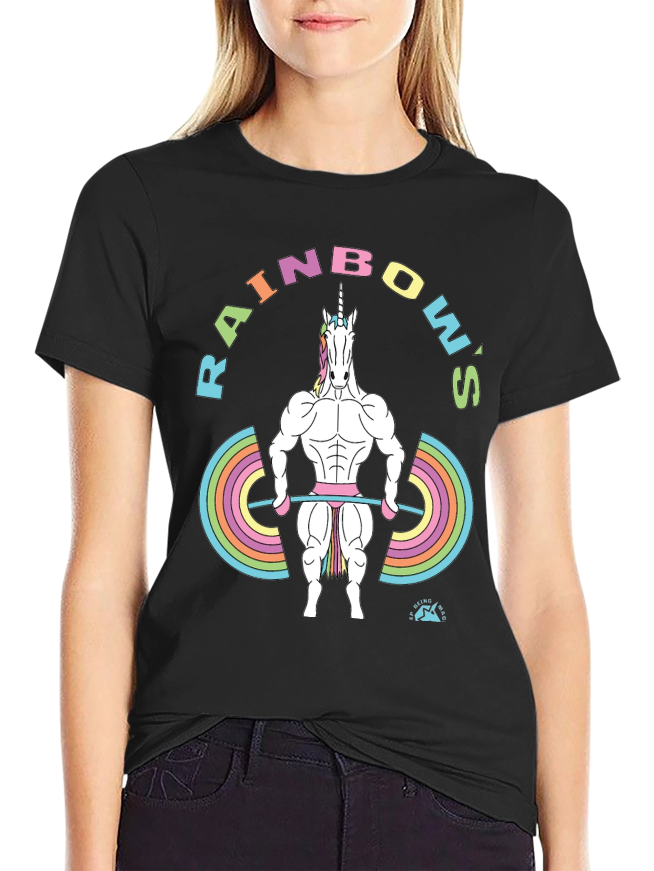 Rainbow Unicorn Weightlifter Black T-Shirt